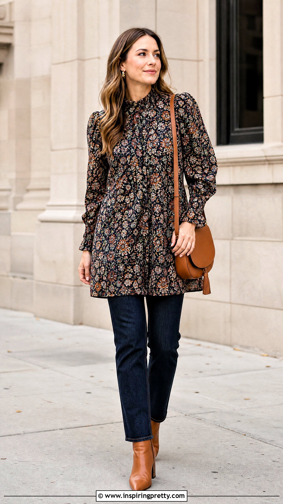 Long Puff Sleeve Tunic With Straight Jeans - 50 long top outfit ideas