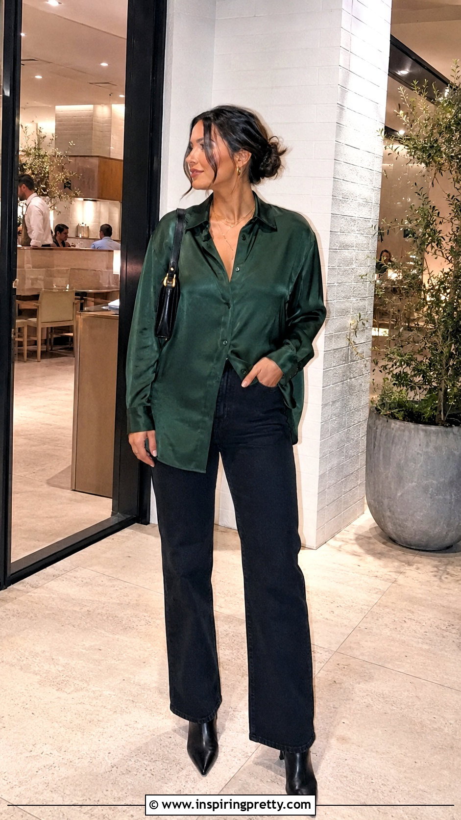 Long Satin Shirt With Dark Jeans - 50 long tops outfit ideas