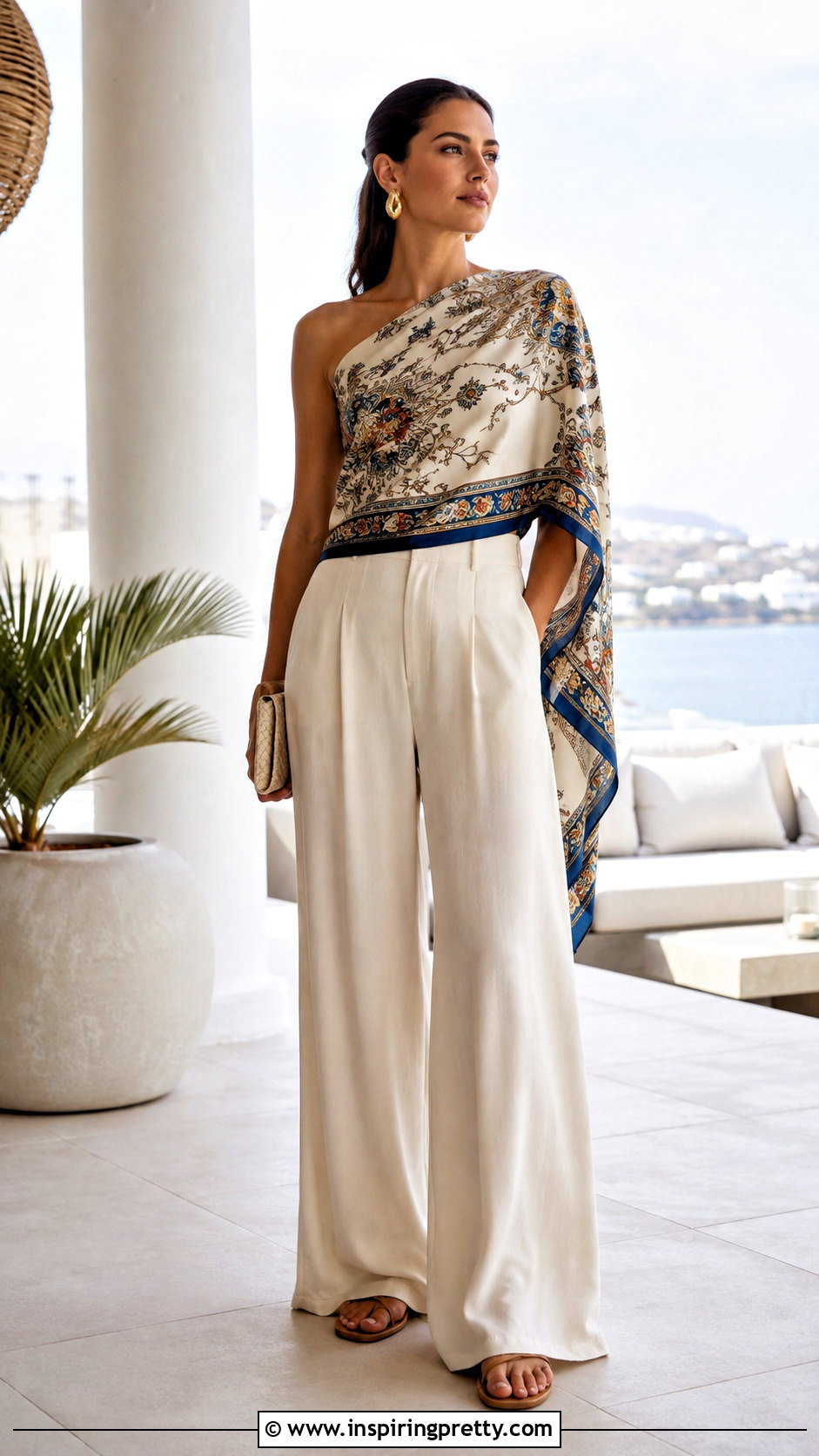 Long Scarf Over One Shoulder Top With Maxi Pants - how to wear a long scarf as a top (25 ways)