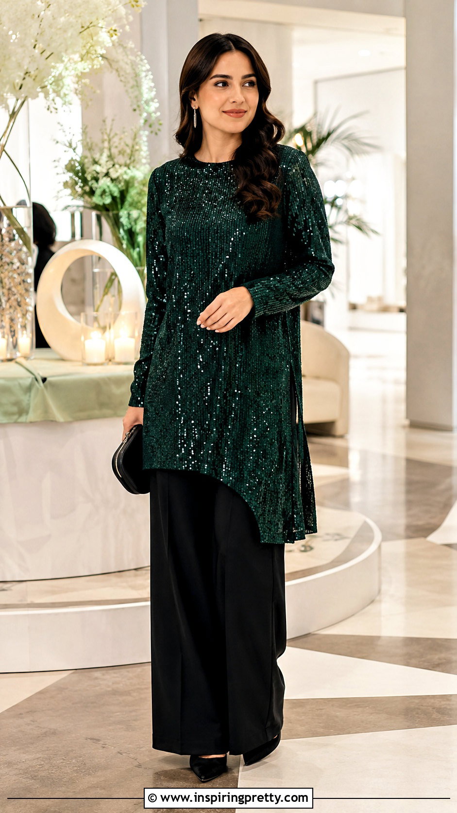 Long Sequin Top With Black Pants - 50 stylish long tops for women
