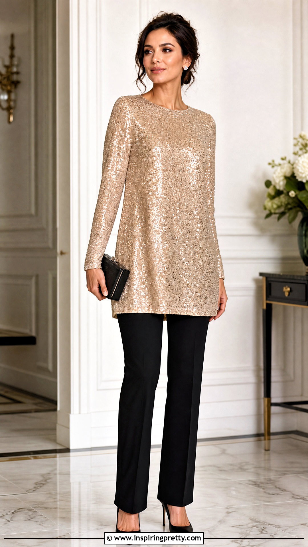 Long Sequin Top With Black Pants - 50 long top outfit ideas