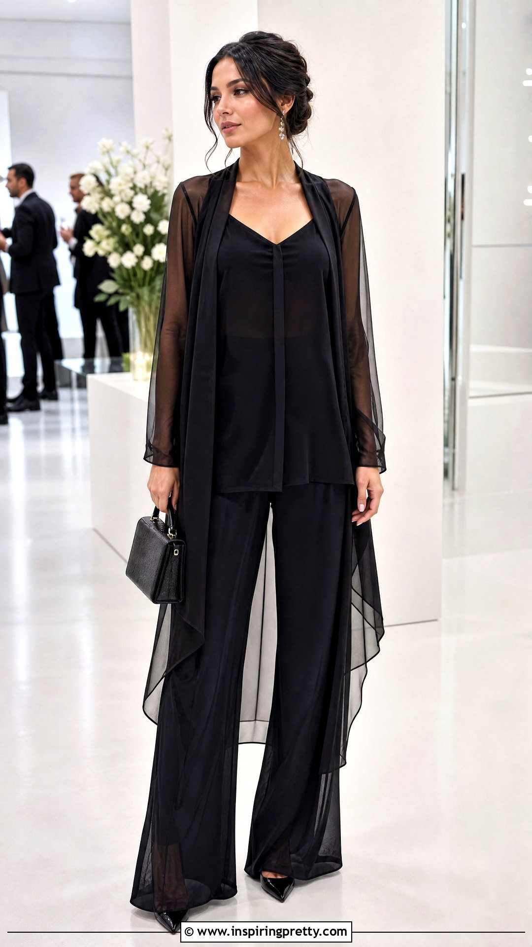 Long Sheer Overlay Top With Trousers - 50 long top outfit ideas
