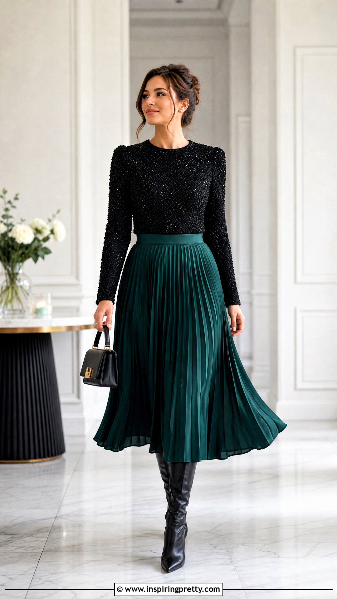 Long Sleeve Beaded Top With Pleated Midi Skirt - 50 beaded tops outfit ideas