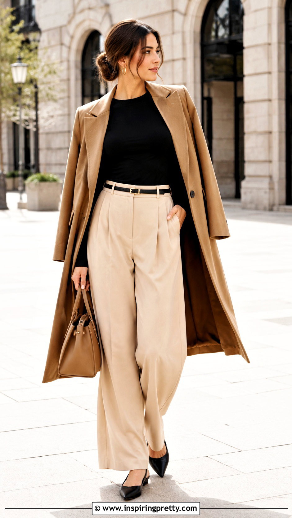 Long Sleeve Black Top With Beige Trousers - 50 long sleeve black top outfit ideas