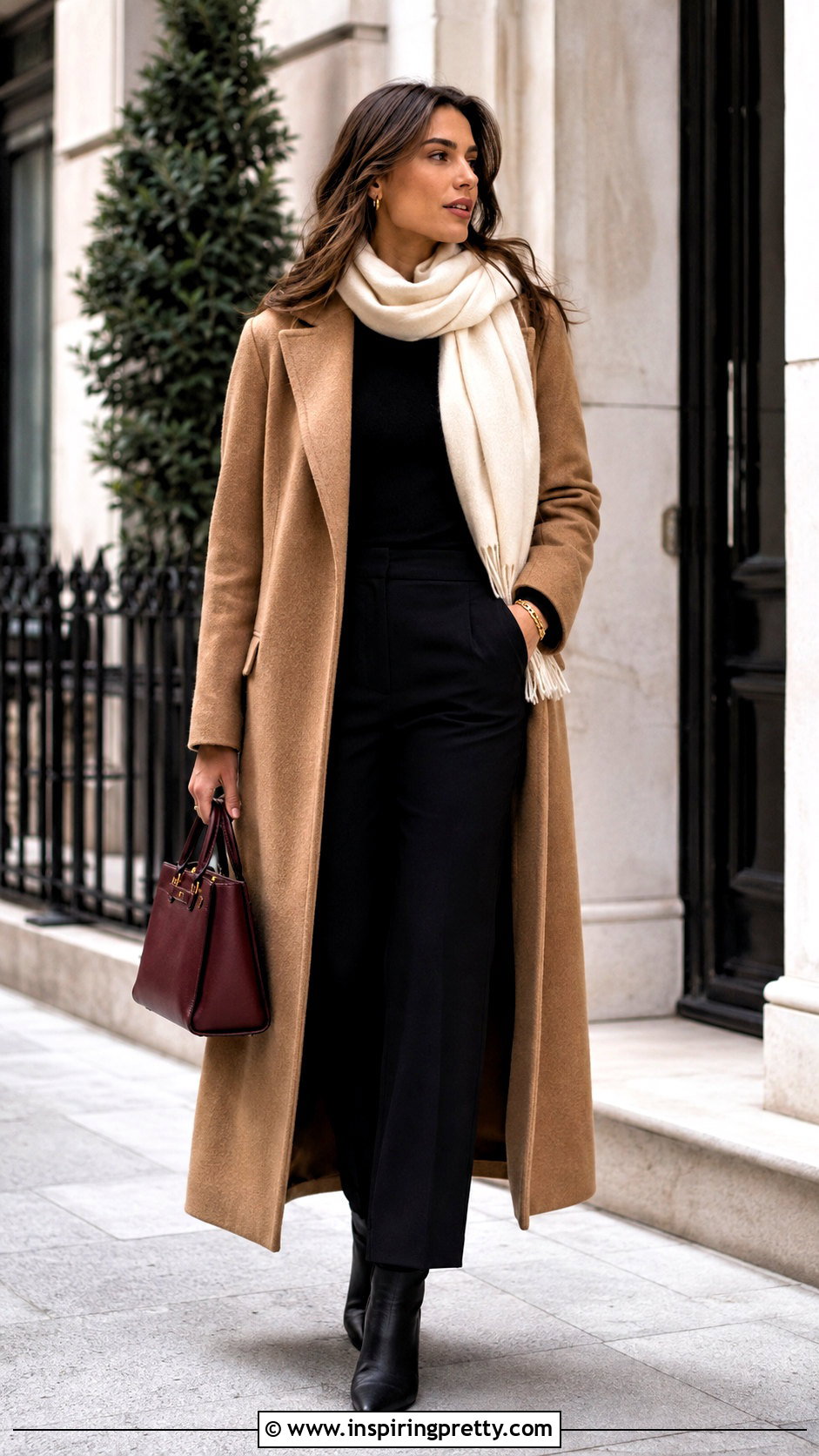 Long Sleeve Black Top With Camel Coat - 50 long sleeve black top outfit ideas