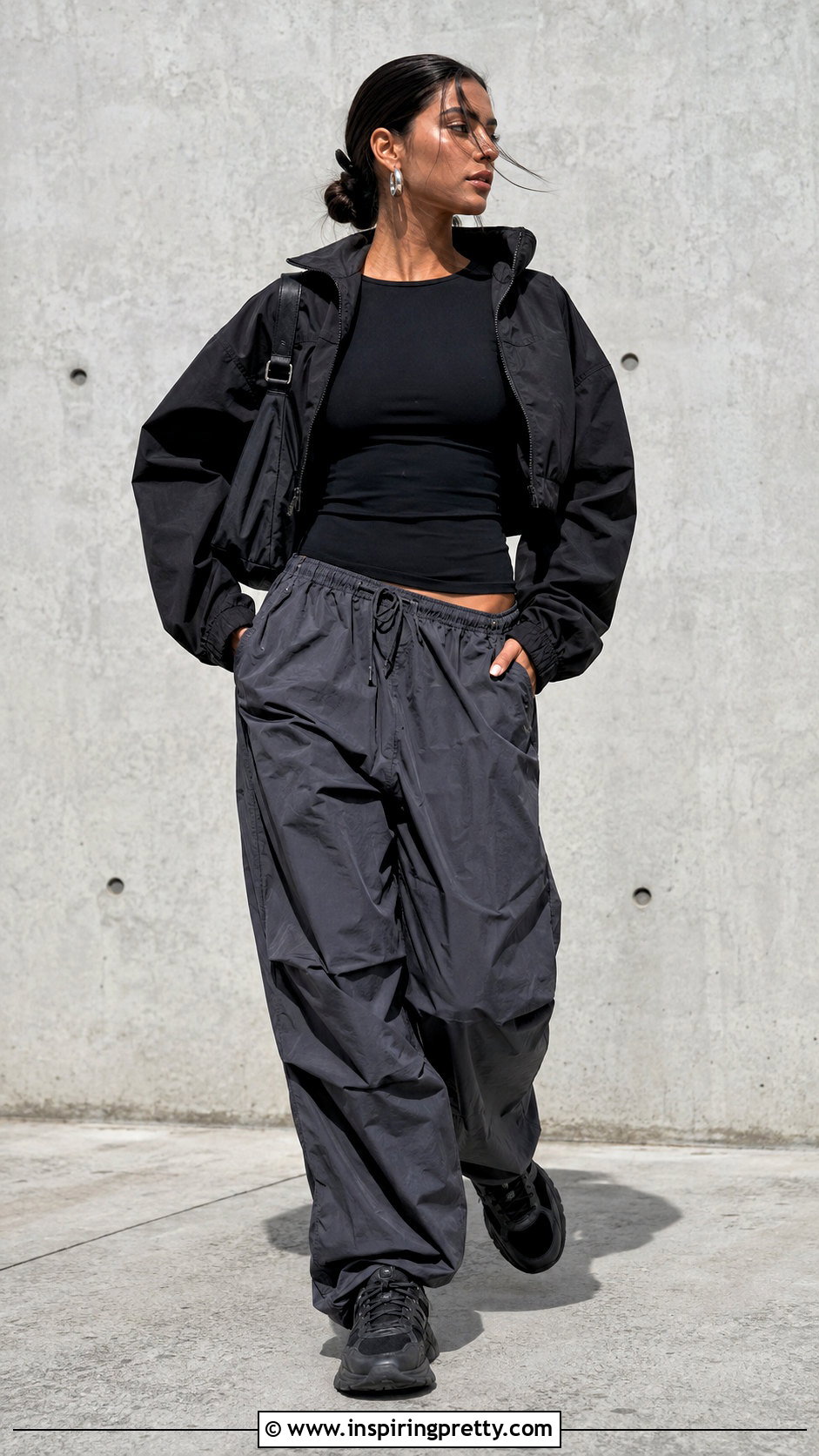 Long Sleeve Black Top With Parachute Pants - 50 long sleeve black top outfit ideas