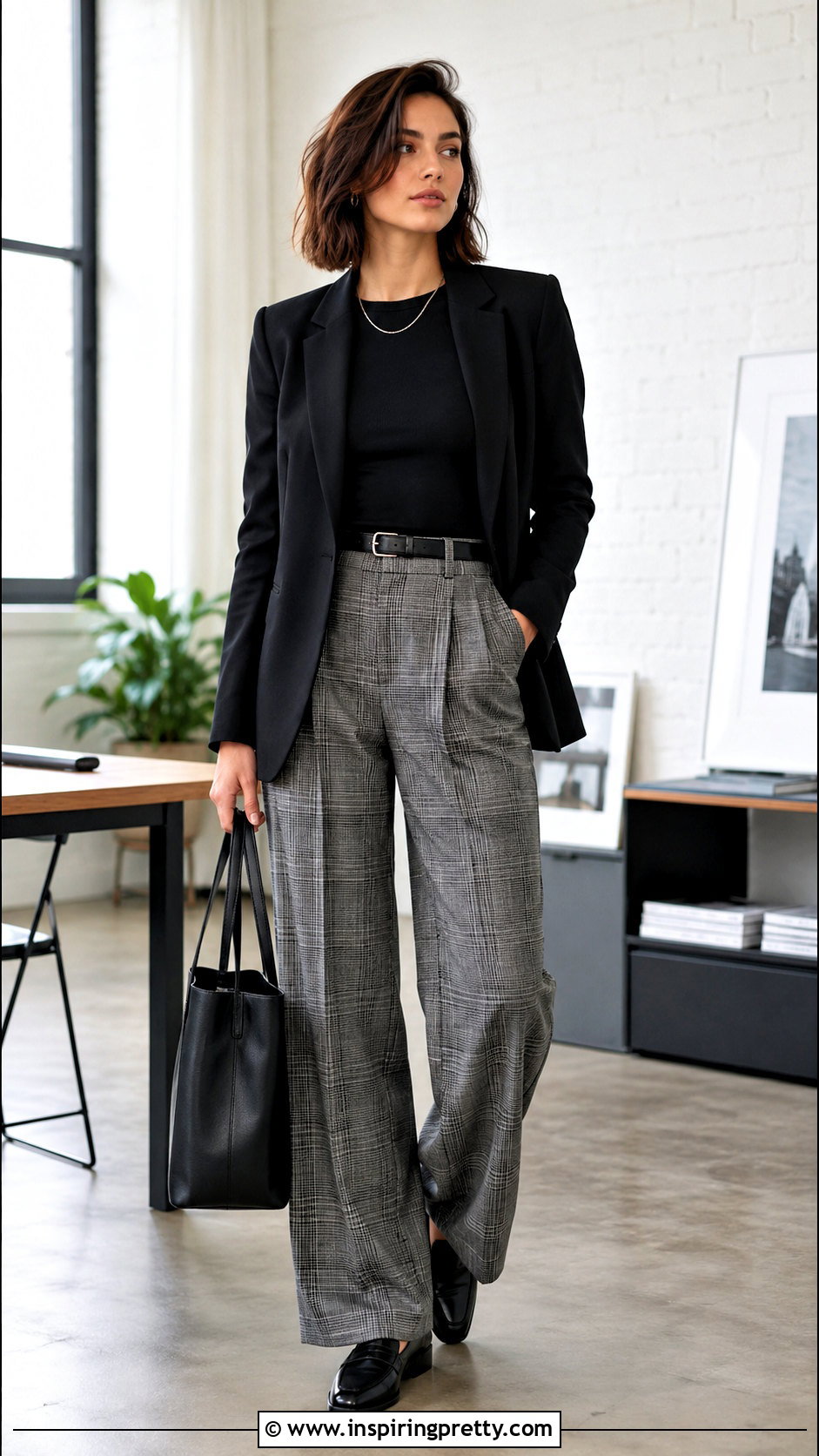 Long Sleeve Black Top With Plaid Trousers - 50 long sleeve black top outfit ideas