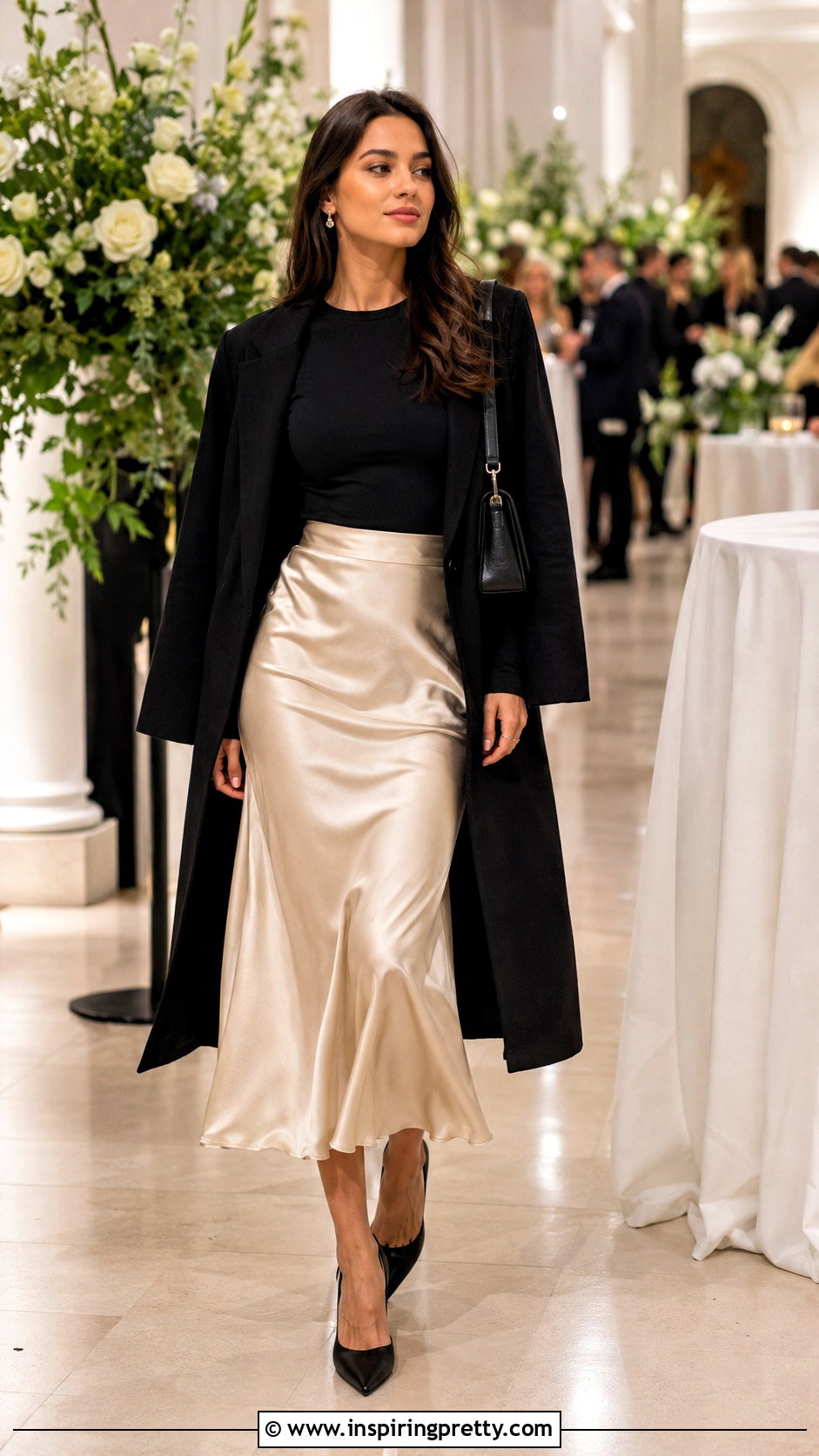 Long Sleeve Black Top With Satin Midi Skirt - 50 long sleeve black top outfit ideas