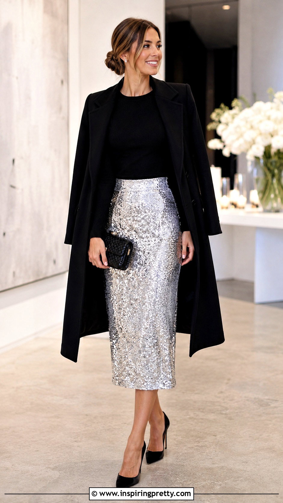 Long Sleeve Black Top With Sequin Skirt - 50 long sleeve black top outfit ideas
