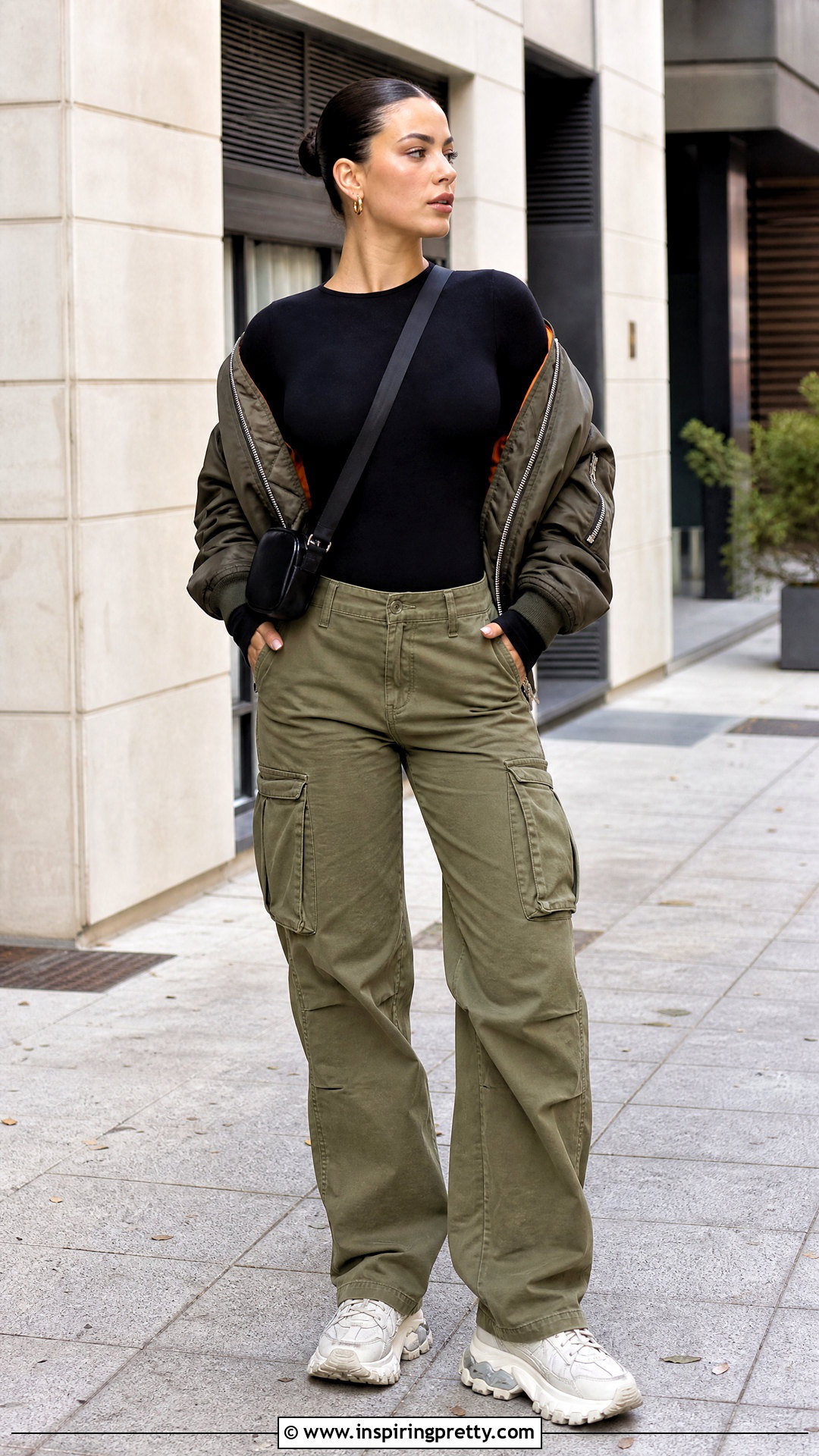Long Sleeve Bodysuit With Cargo Pants - 50 womens tops outfit ideas