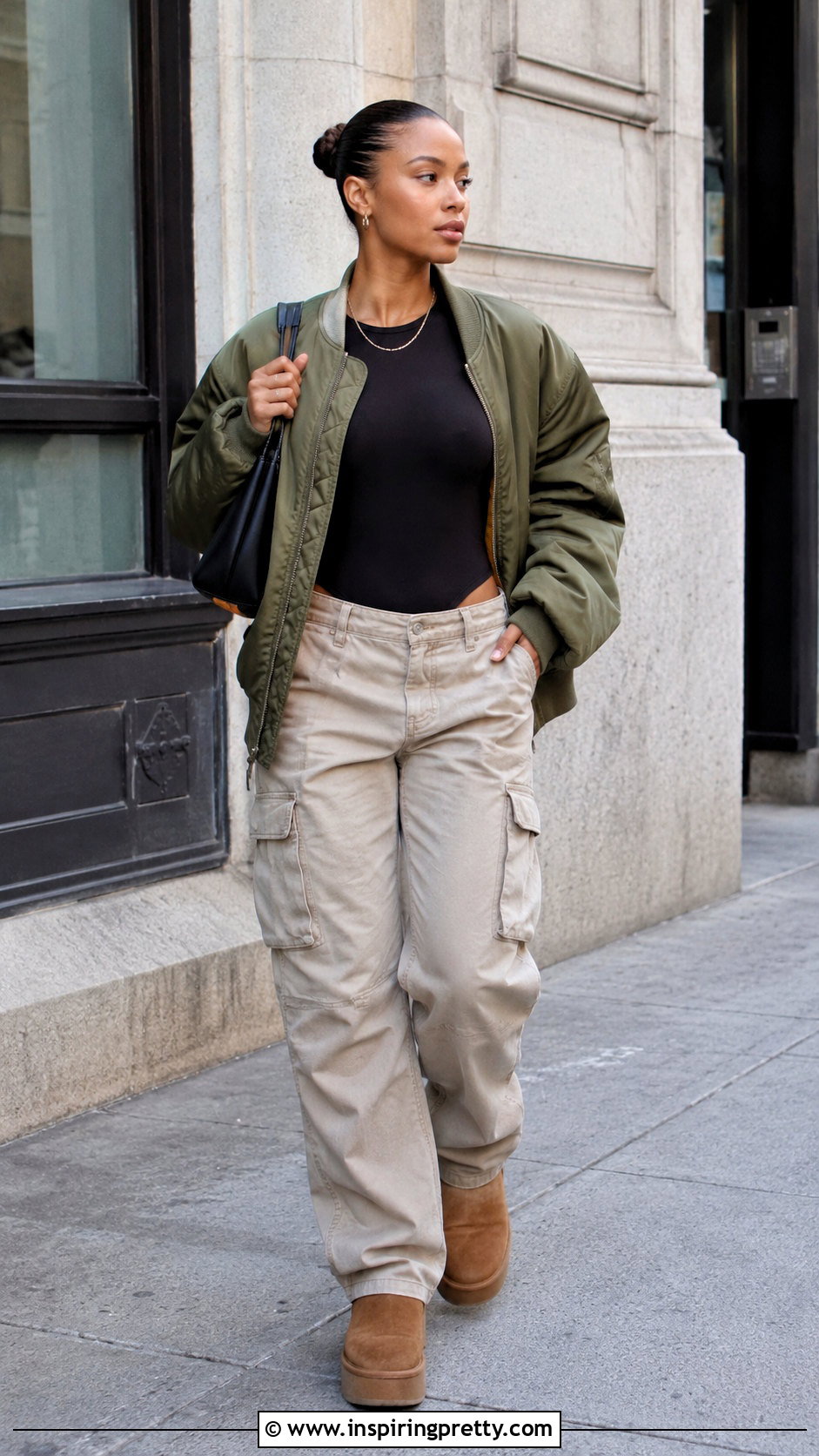 Long Sleeve Bodysuit With Cargo Pants And UGG Boots - 20 ugg tops outfit ideas