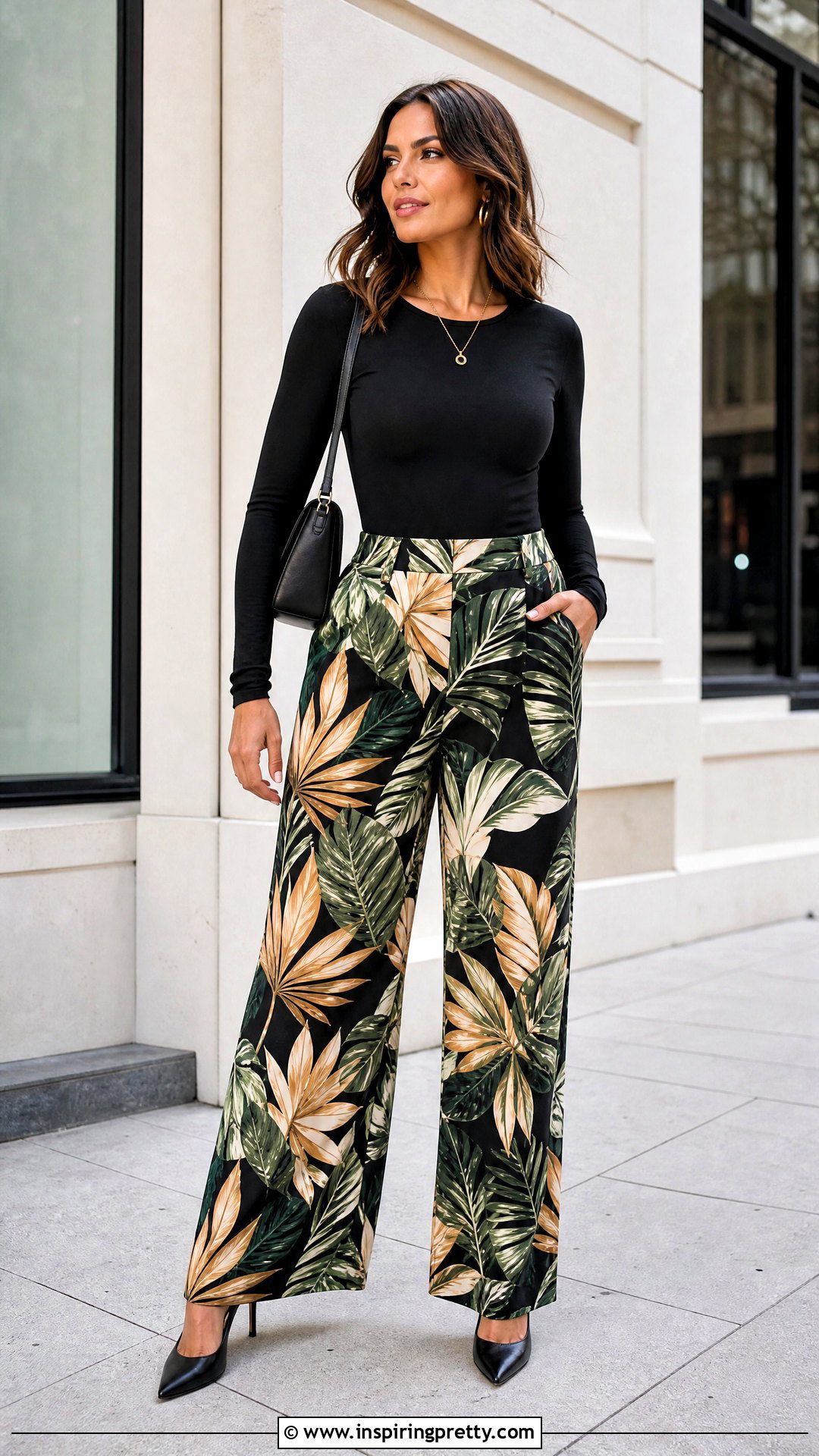 Long Sleeve Bodysuit With Printed Palazzo Pants - 50 tops for palazzo pants classy outfits