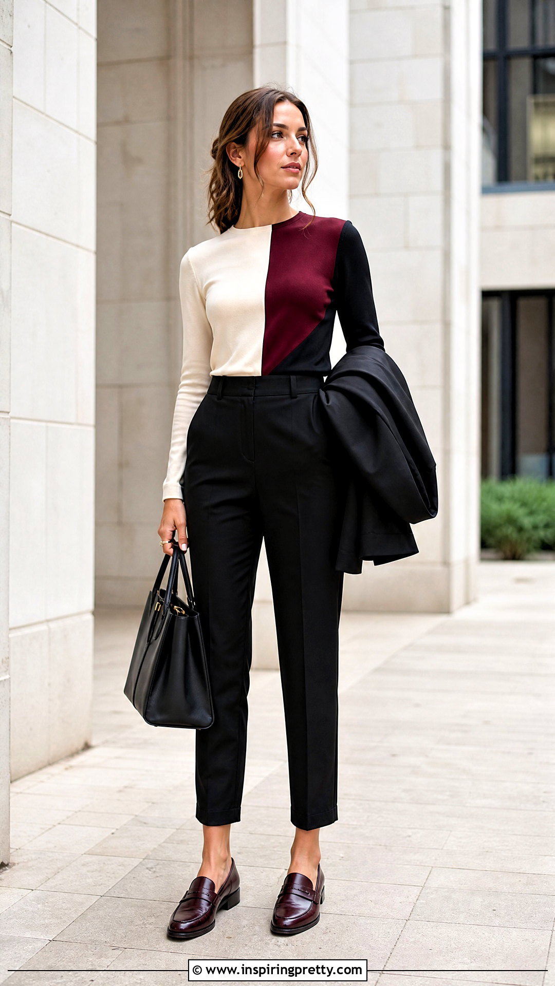 Long Sleeve Color Block Top With Black Pants - 50 long sleeve tops outfit ideas