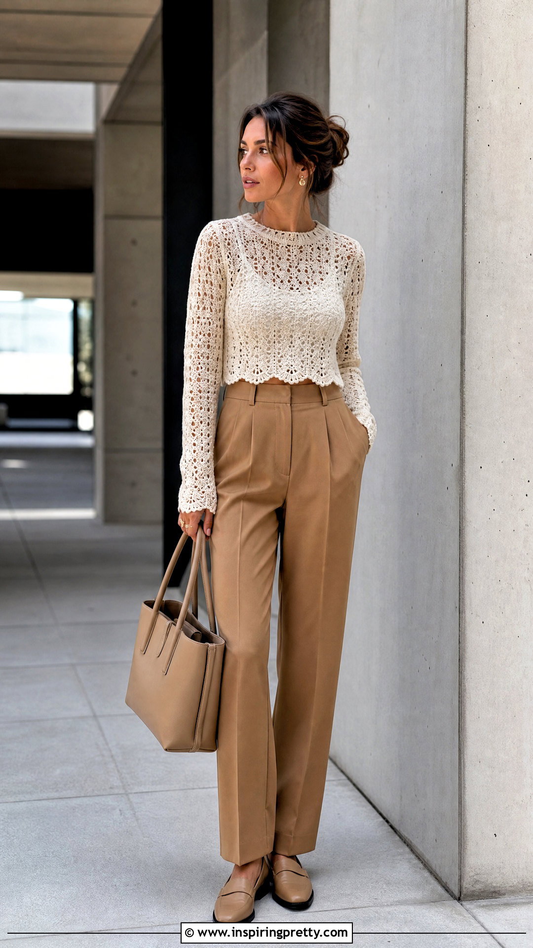 Long Sleeve Crochet Crop Top With Trousers - 50 crochet crop top outfit ideas
