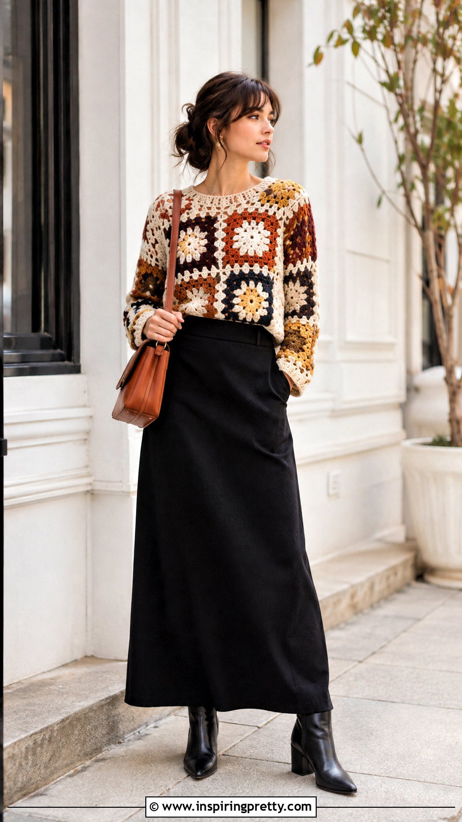Long Sleeve Crochet Granny Square Top With A Maxi Skirt - 25 Crochet Granny Square Tops For Women