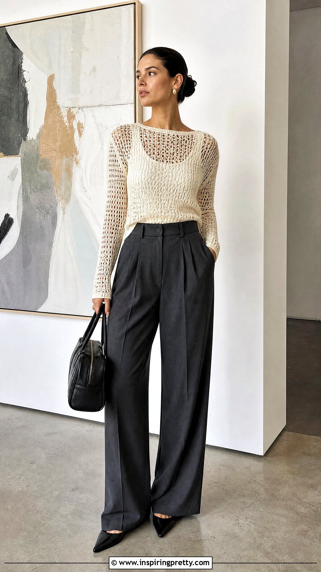 Long Sleeve Crochet Peekaboo Top With Tailored Trousers - 20 crochet peekaboo top outfit ideas