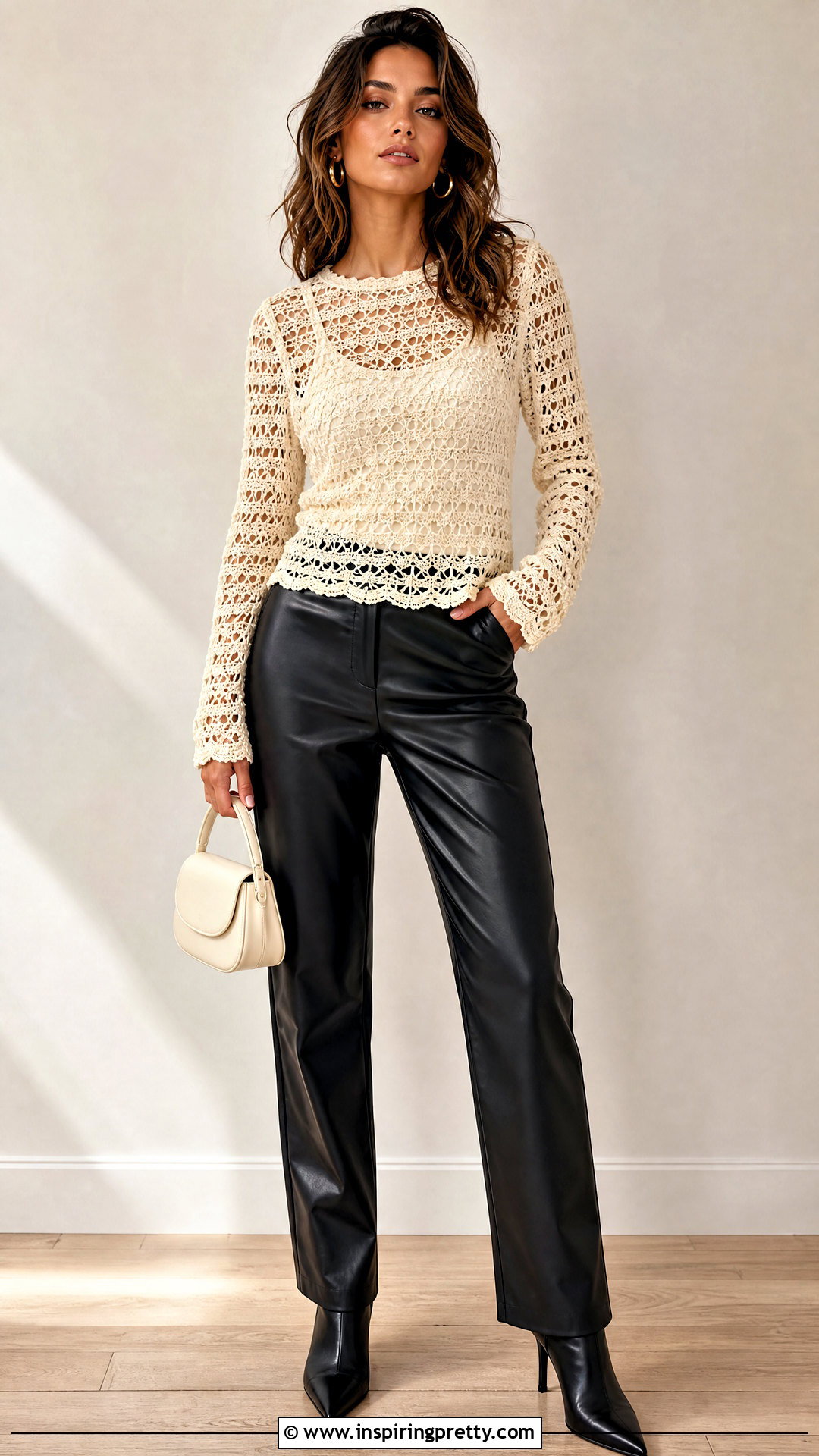Long Sleeve Crochet Top And Leather Pants Outfit - 20 crochet top on wooden floor outfit ideas