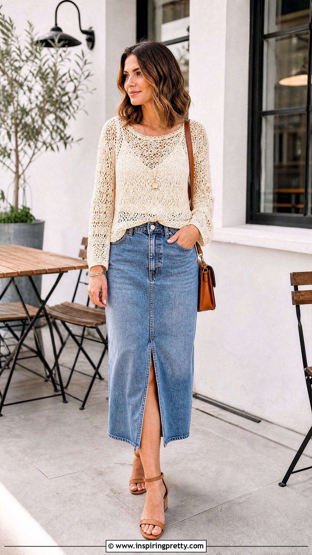 Long Sleeve Crochet Top With Denim Skirt - 25 Crochet Top Pictures