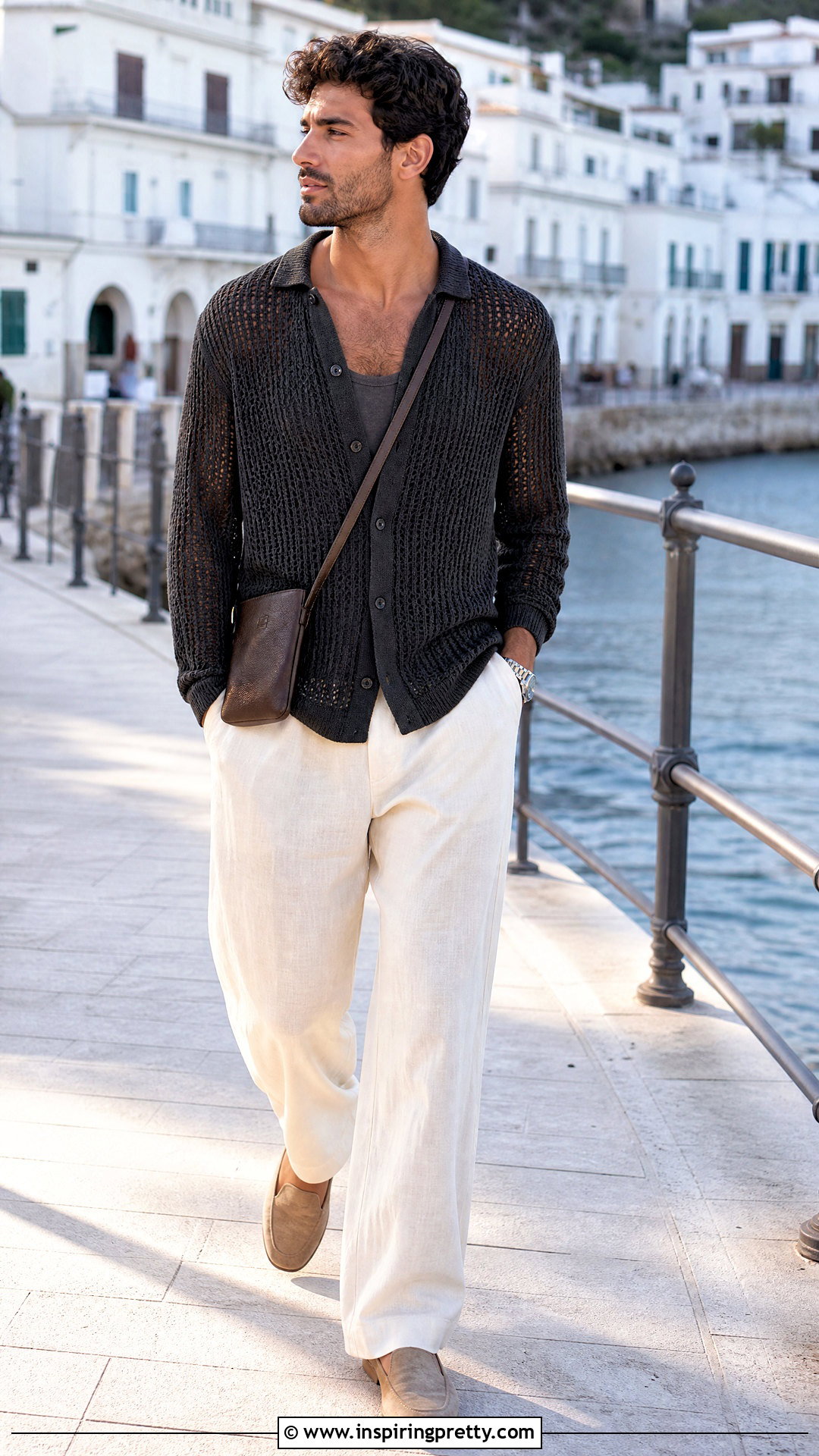 Long Sleeve Crochet Top With Linen Pants - 50 crochet top for men outfit ideas