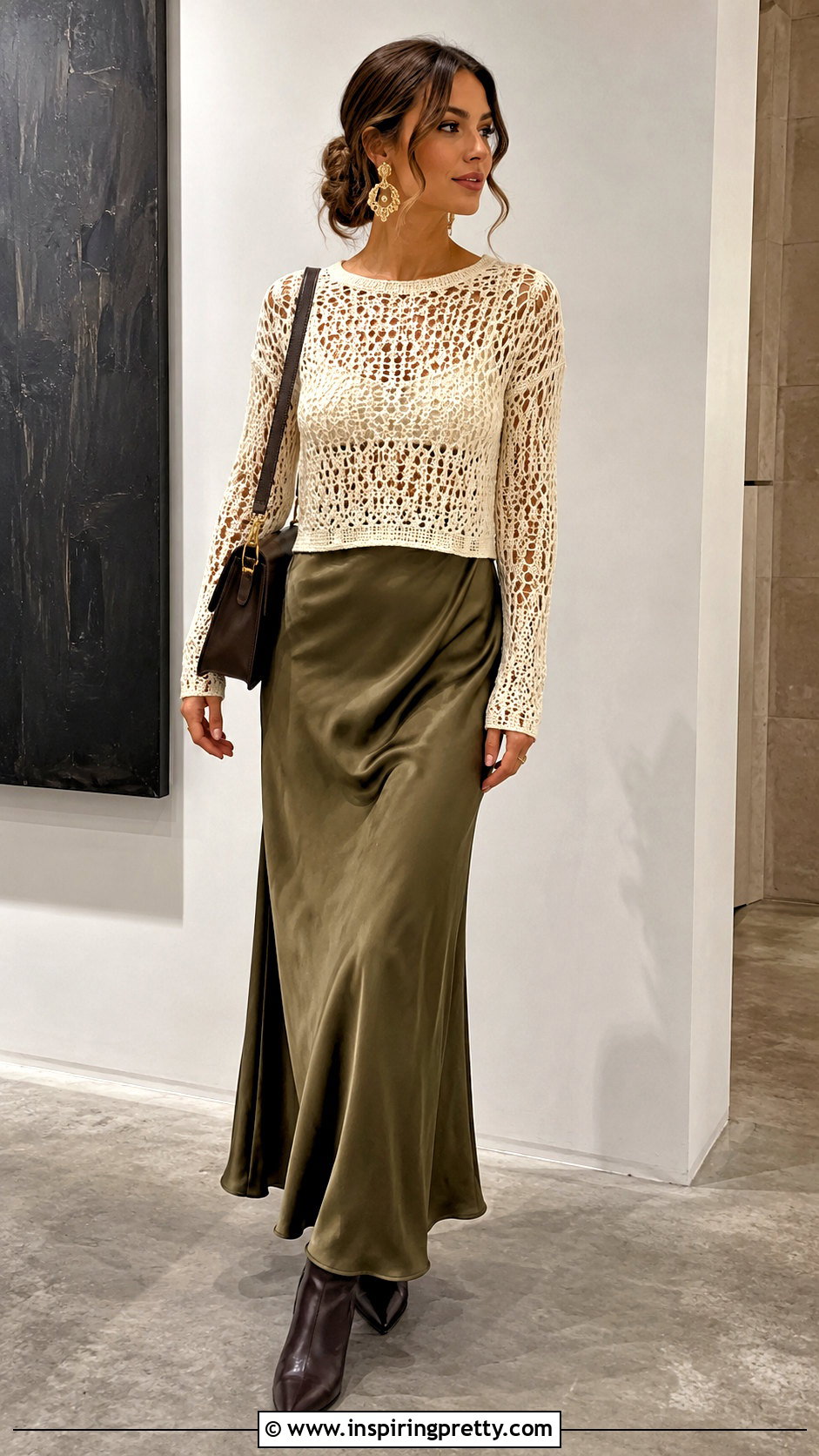 Long Sleeve Crochet Top With Satin Maxi Skirt - 50 crochet tops aesthetic