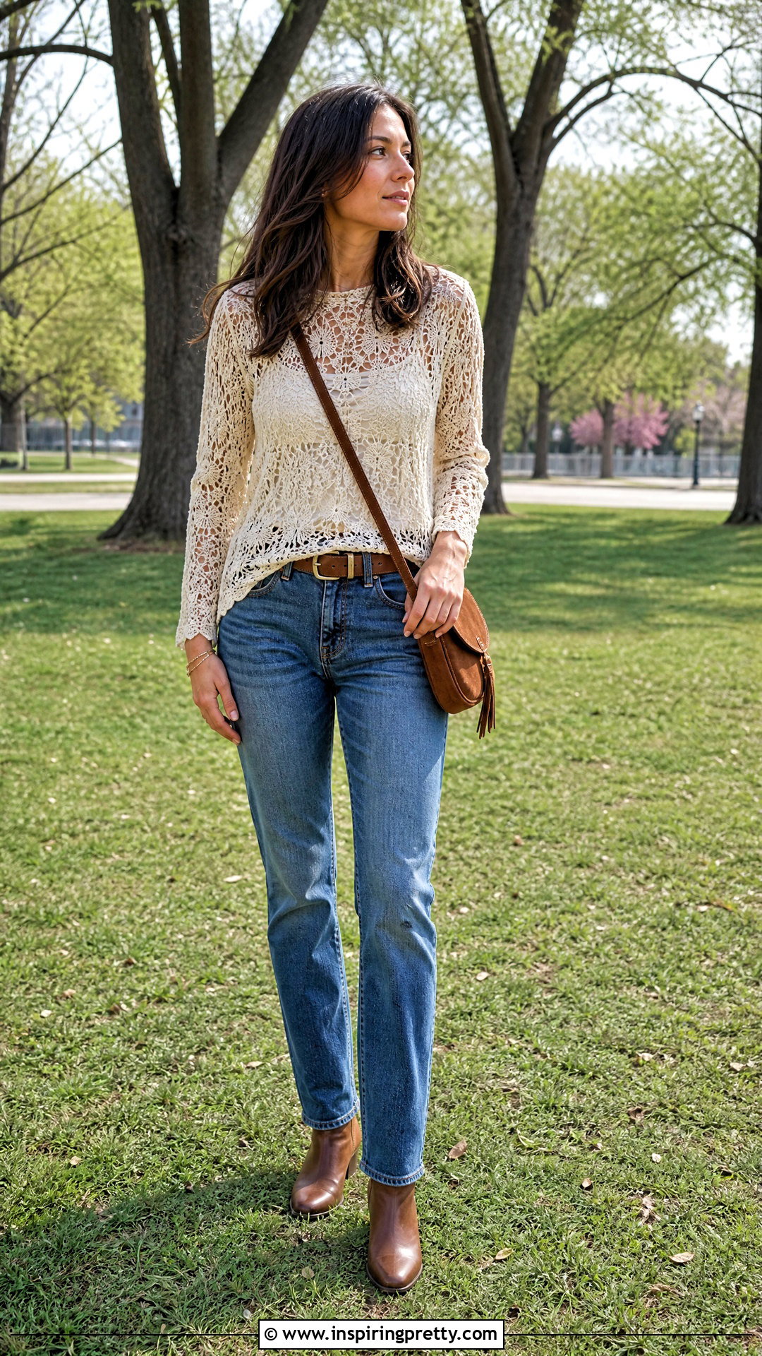 Long Sleeve Crochet Top With Straight Jeans - 20 crochet top on grass outfit ideas