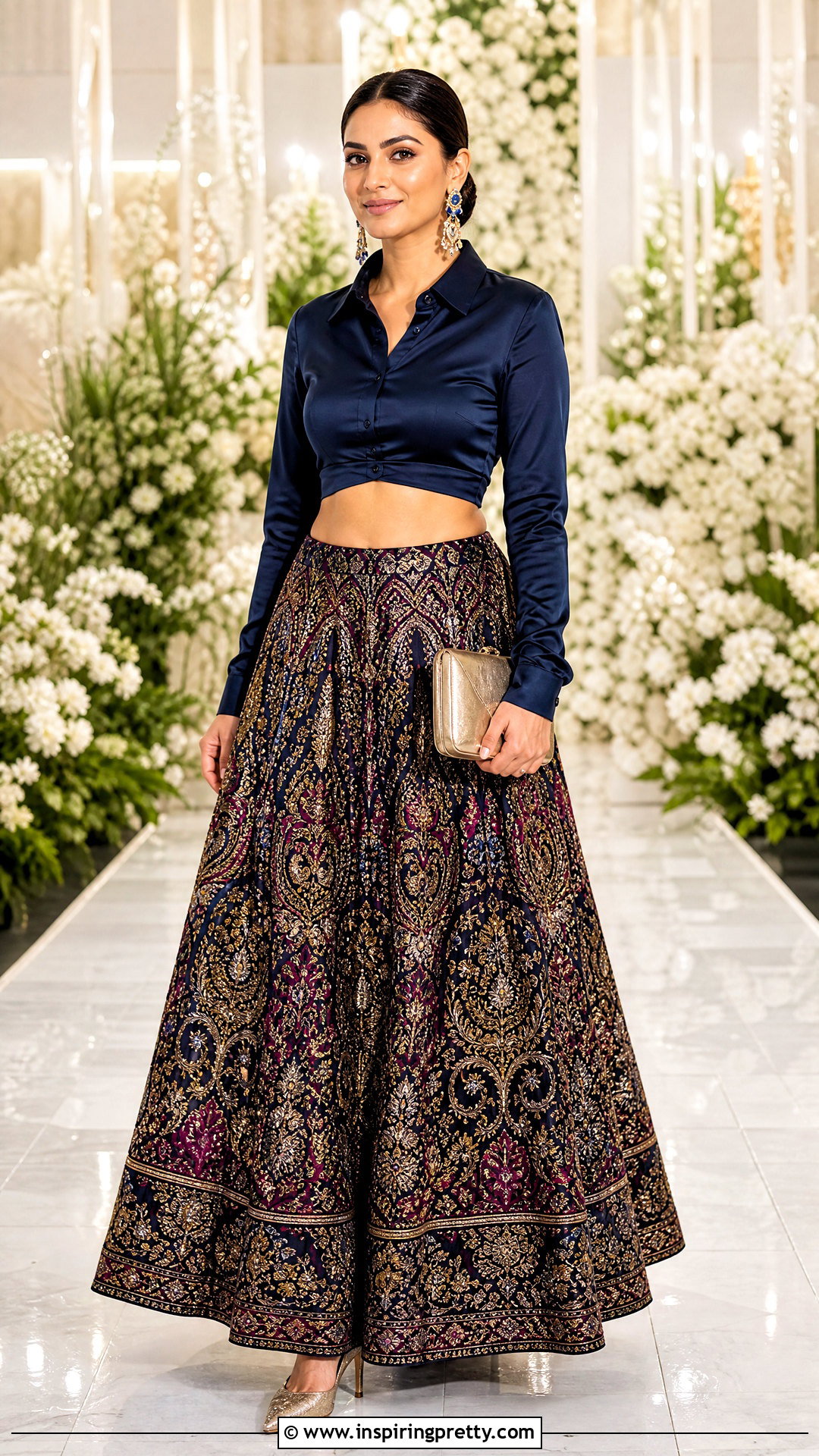 Long Sleeve Crop Shirt With Embroidered Lehenga Outfit - 25 shirt crop top lehenga outfit ideas