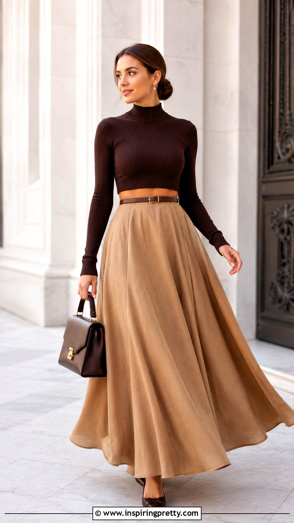 Long Sleeve Crop Top And Flared Maxi Skirt Outfit - 20 Crop Top Flared Skirt outfits