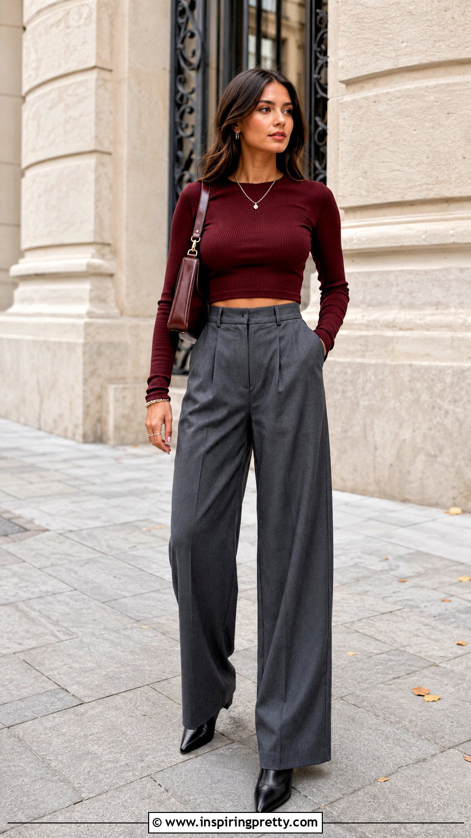 Long Sleeve Crop Top And Gray Wide Leg Trousers - 20 wide leg trousers and crop tops