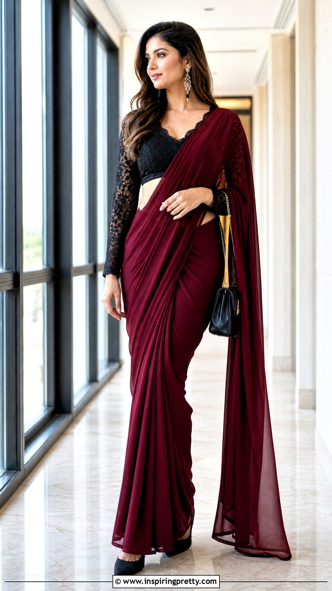 Long Sleeve Crop Top Blouse With Georgette Saree - 20 crop top blouse for saree outfit ideas