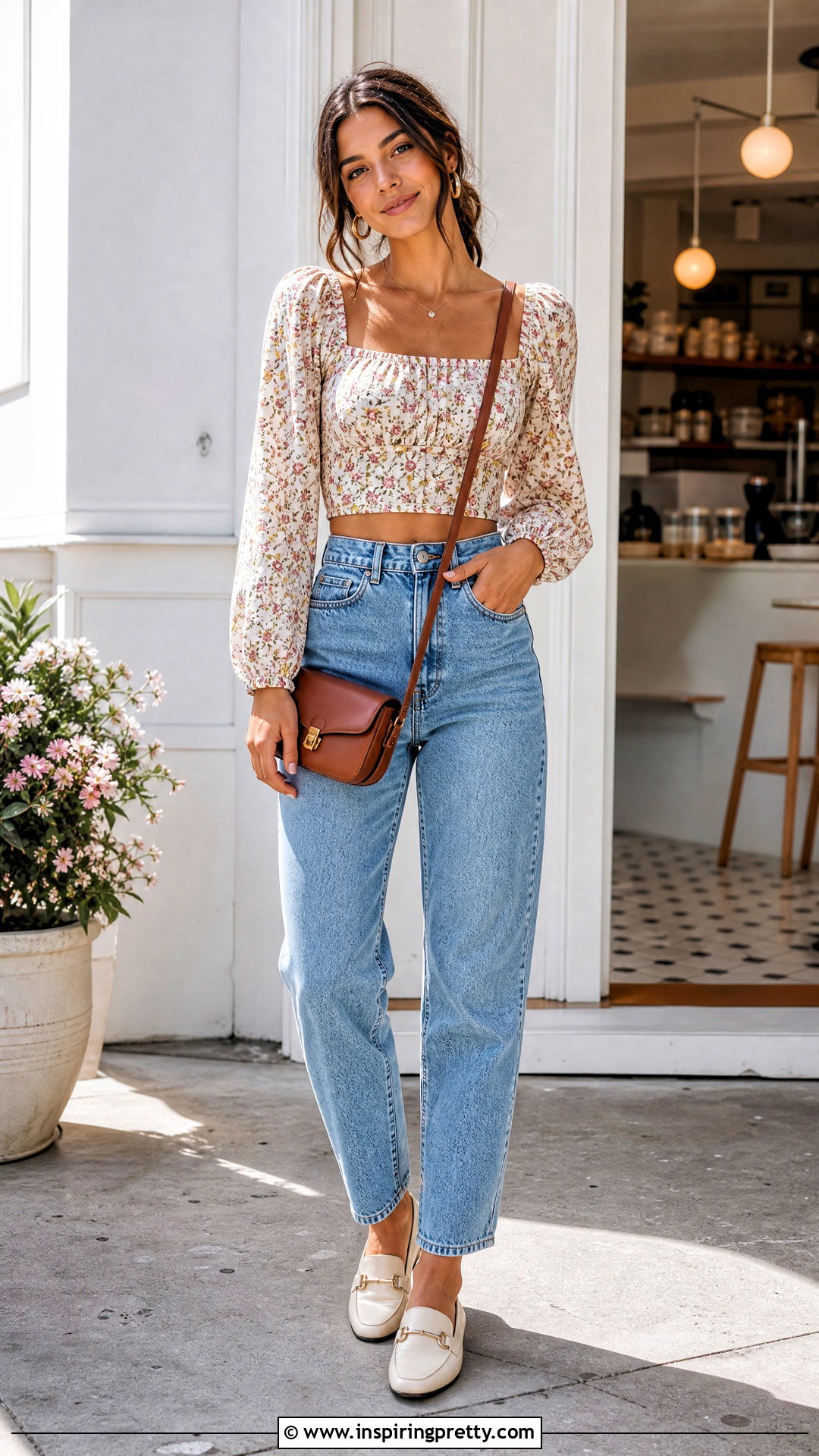Long Sleeve Crop Top Blouse With Mom Jeans - 50 crop top blouse outfit ideas