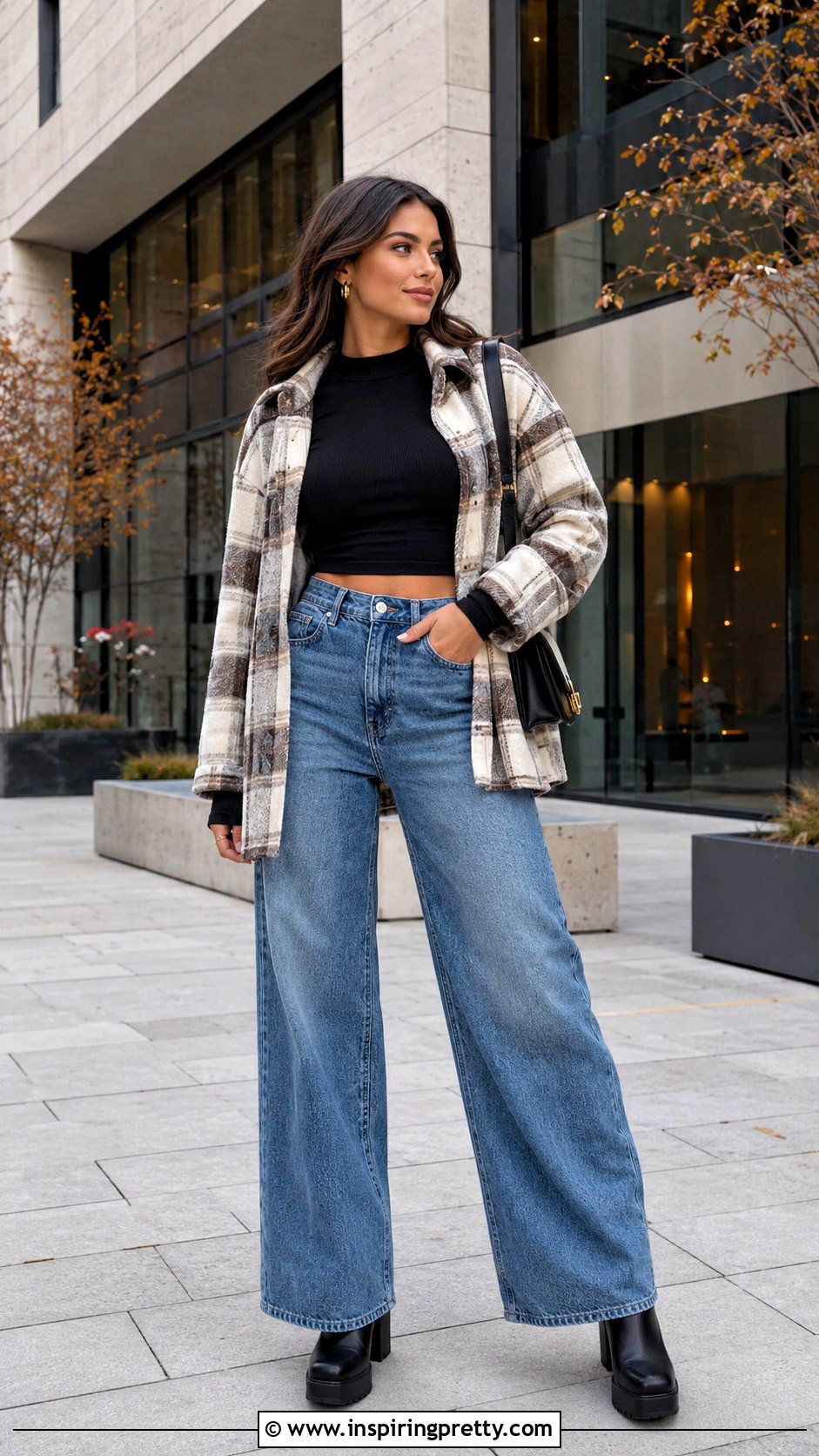 Long Sleeve Crop Top Flannel and Wide Leg Jeans - 25 crop top flannel outfits jeans