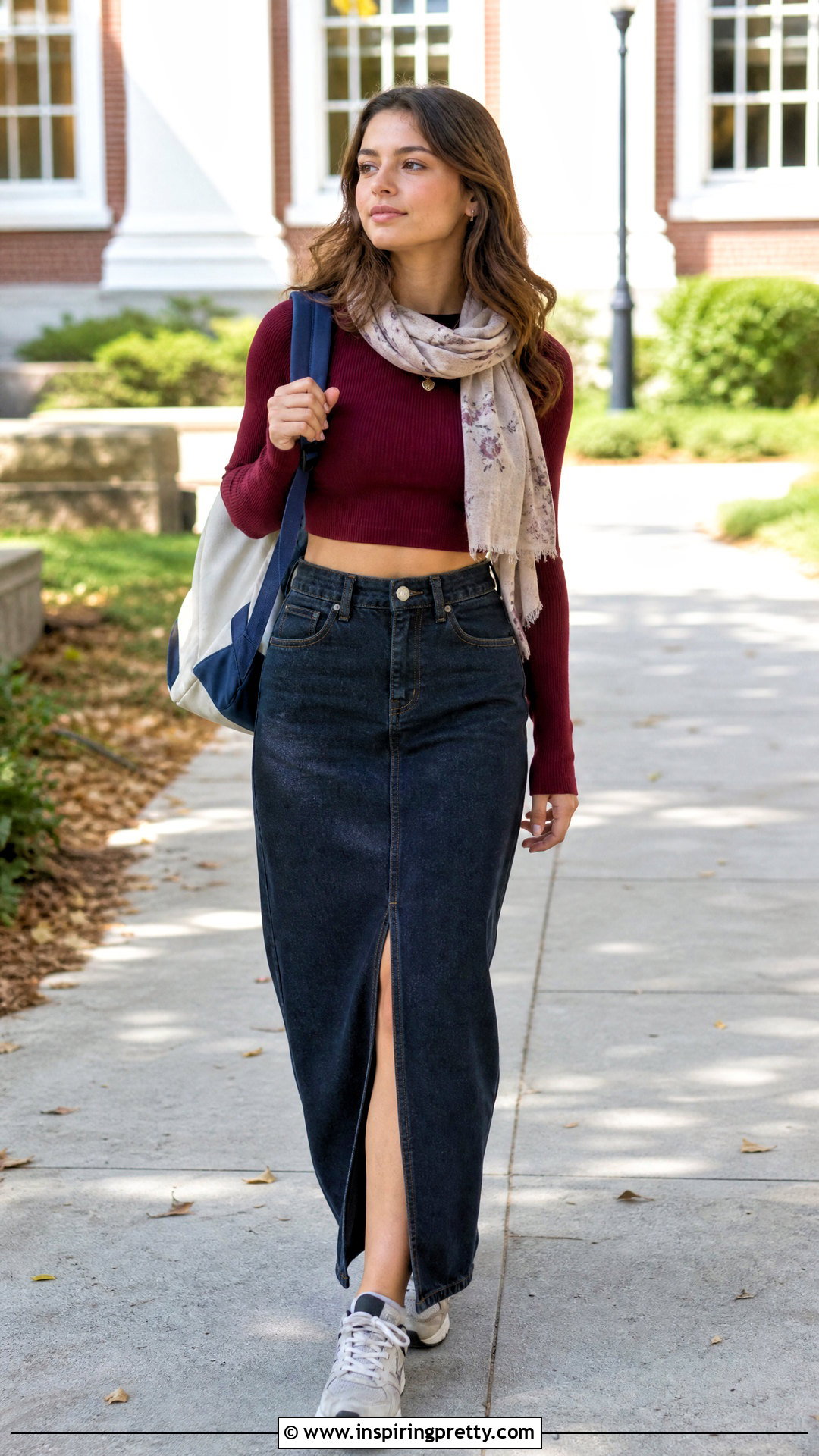 Long Sleeve Crop Top With Denim Maxi Skirt Outfit - 20 Crop Top High School outfit ideas