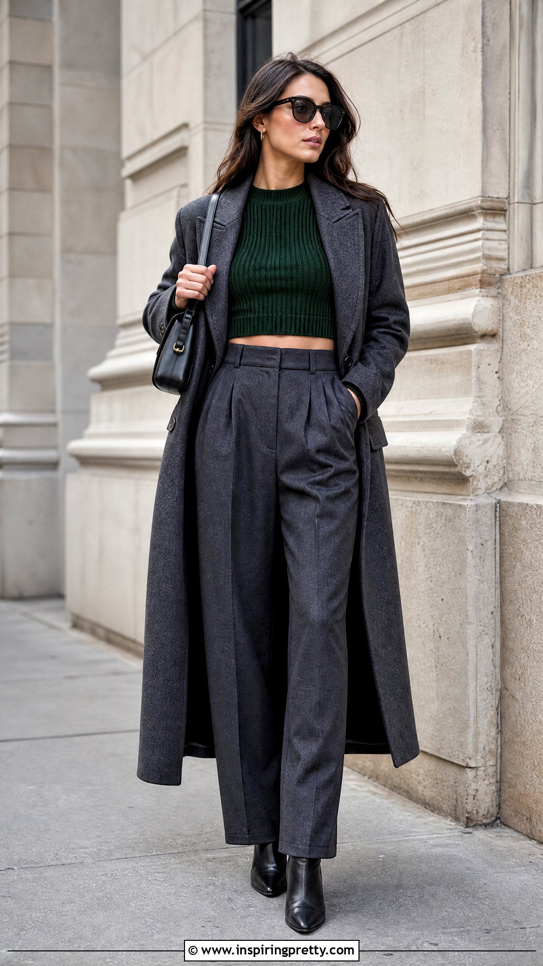 Long Sleeve Crop Top With High Waisted Trousers - 20 crop top trousers outfit ideas