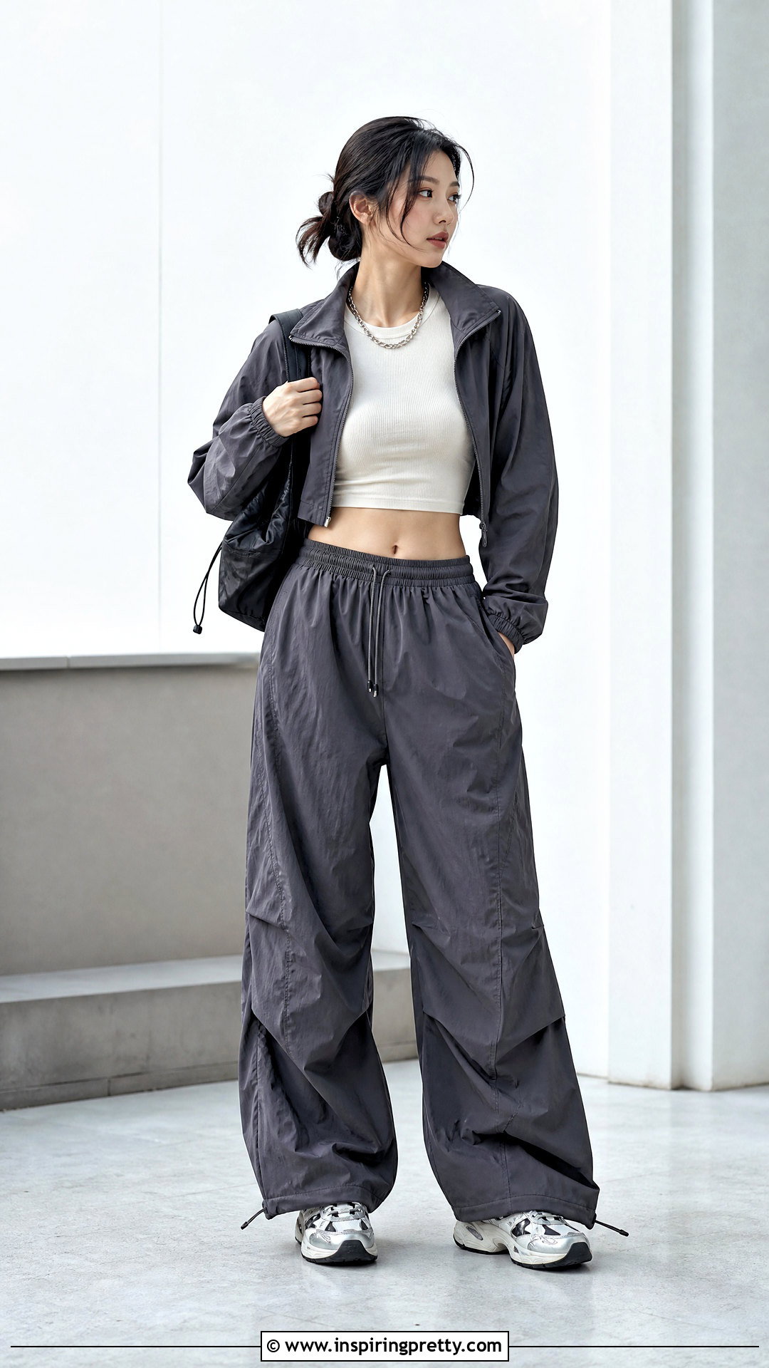 Long Sleeve Crop Top With Parachute Pants Outfit - 50 crop top outfits korean styles