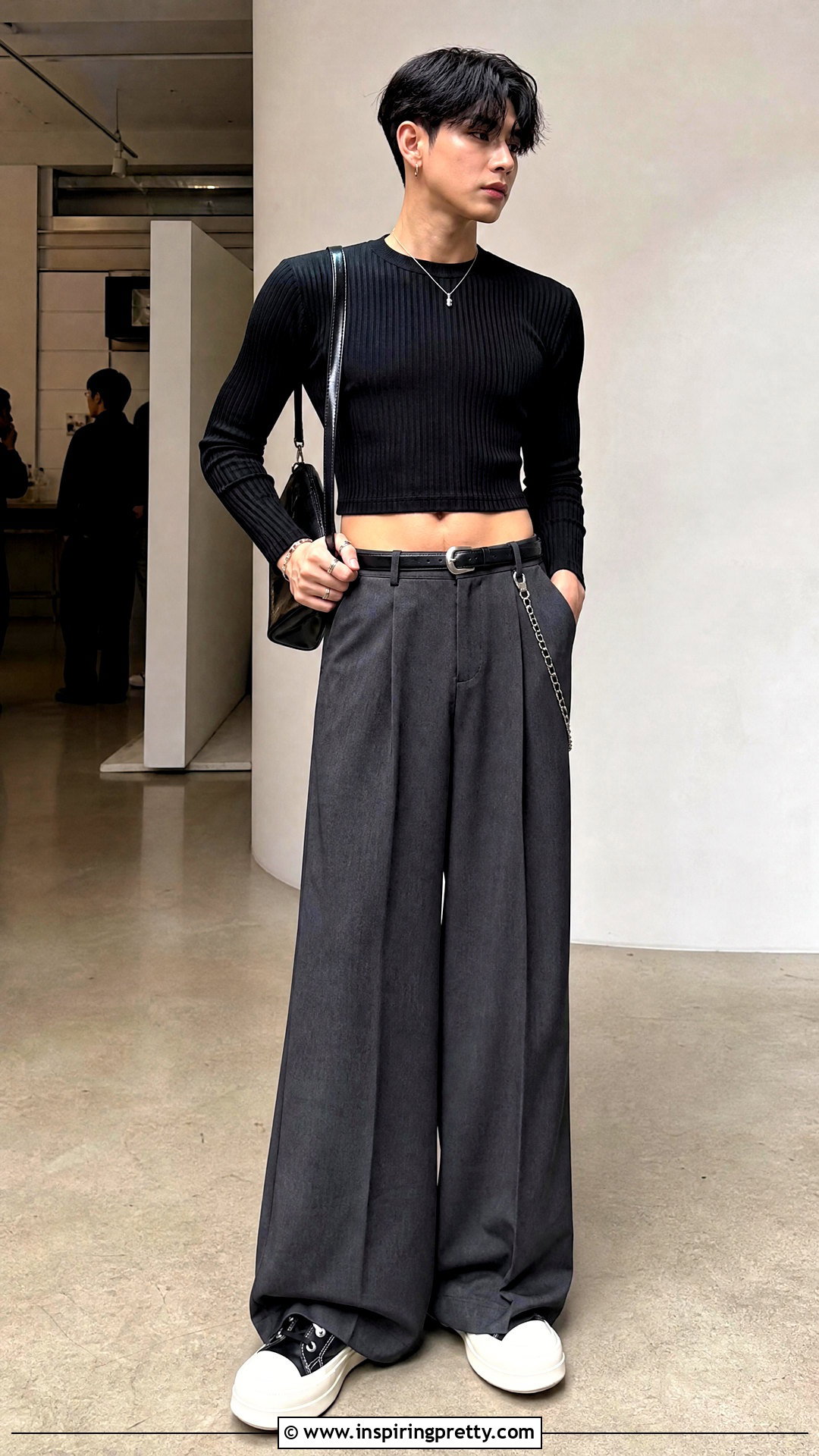 Long Sleeve Crop Top With Wide Leg Pants - 50 male crop top outfit ideas