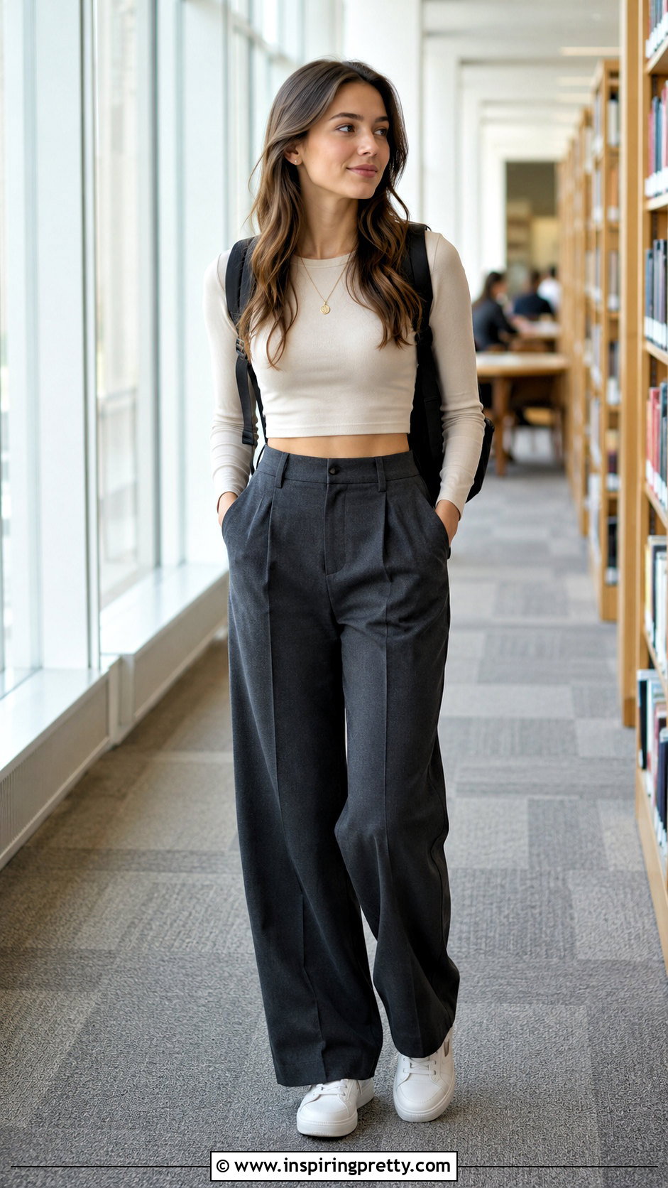 Long Sleeve Crop Top With Wide Leg Trousers - 20 cute crop tops for school outfit ideas