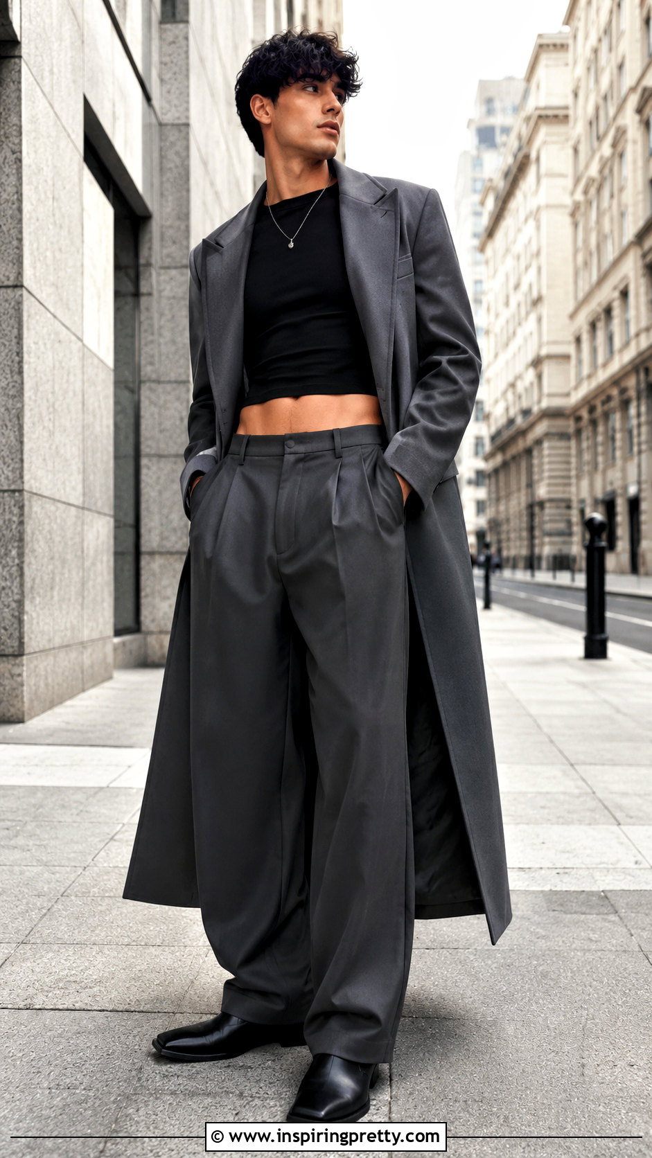Long Sleeve Crop Top With Wide Leg Trousers And Boots - 20 men’s crop tops outfit ideas