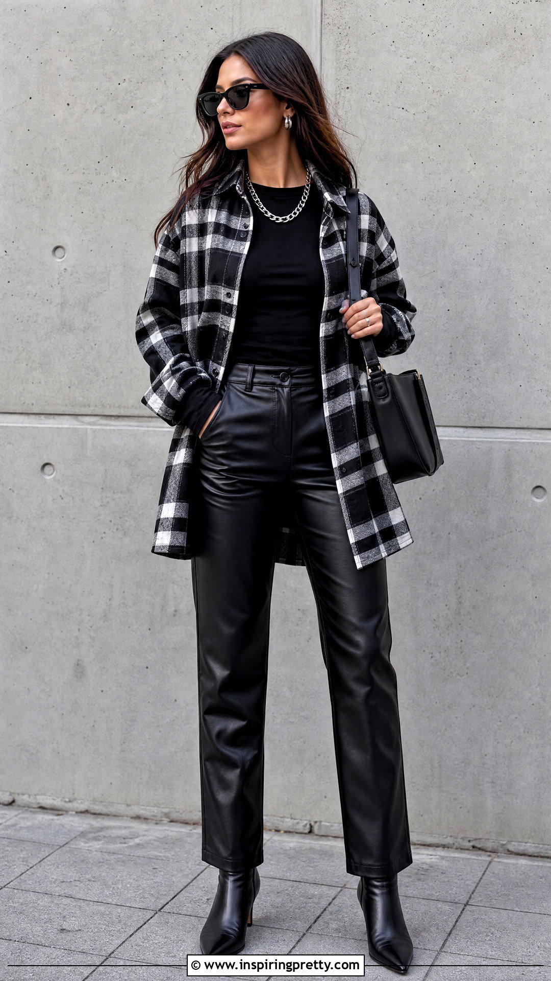 Long Sleeve Flannel Top With Faux Leather Pants - 20 long sleeve flannel top outfit ideas