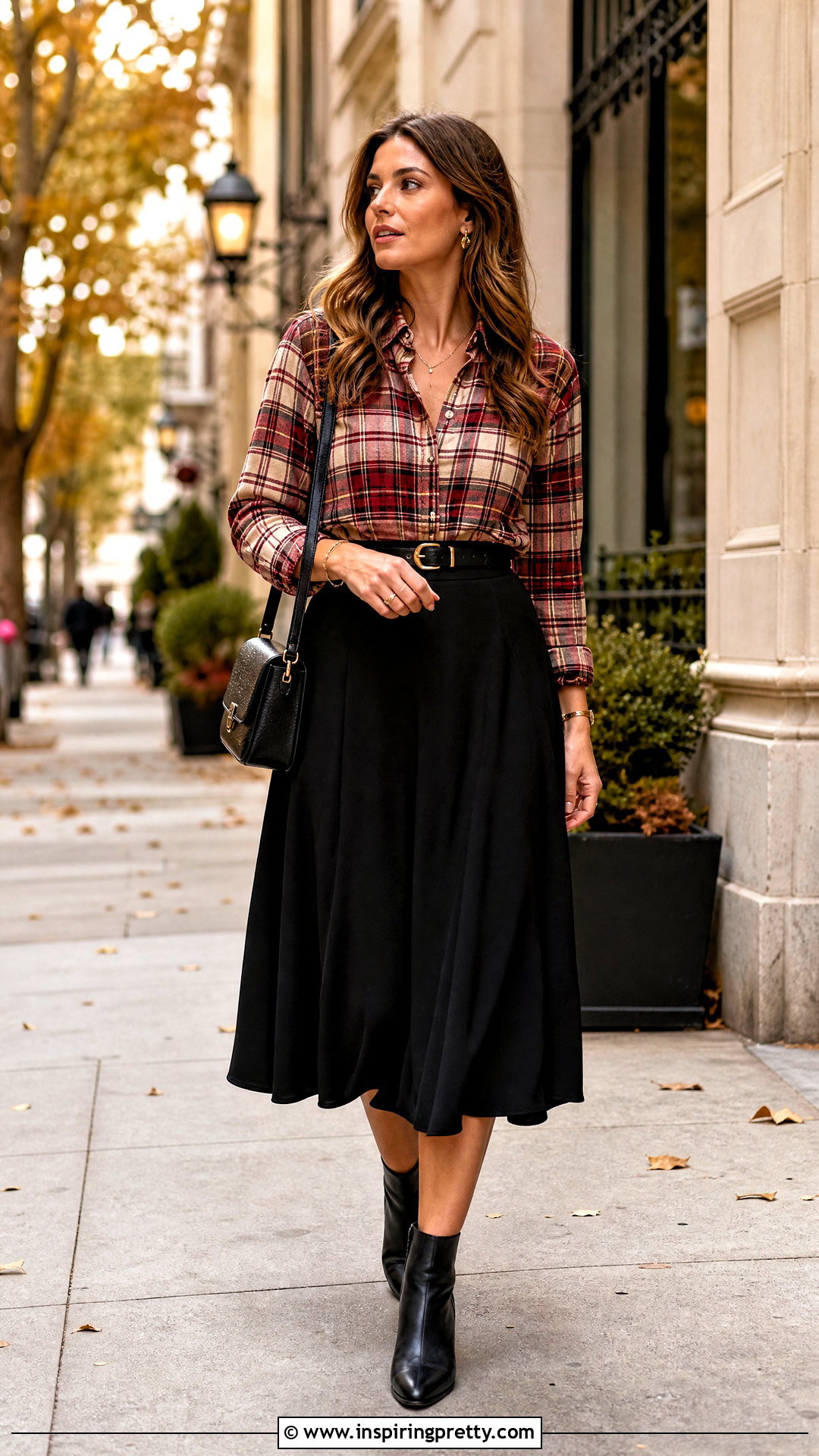 Long Sleeve Flannel Top With a Black Midi Skirt - 20 long sleeve flannel top outfit ideas