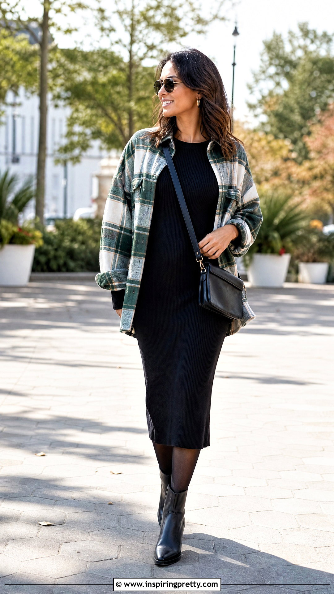 Long Sleeve Flannel Top With a Knit Dress - 20 long sleeve flannel top outfit ideas