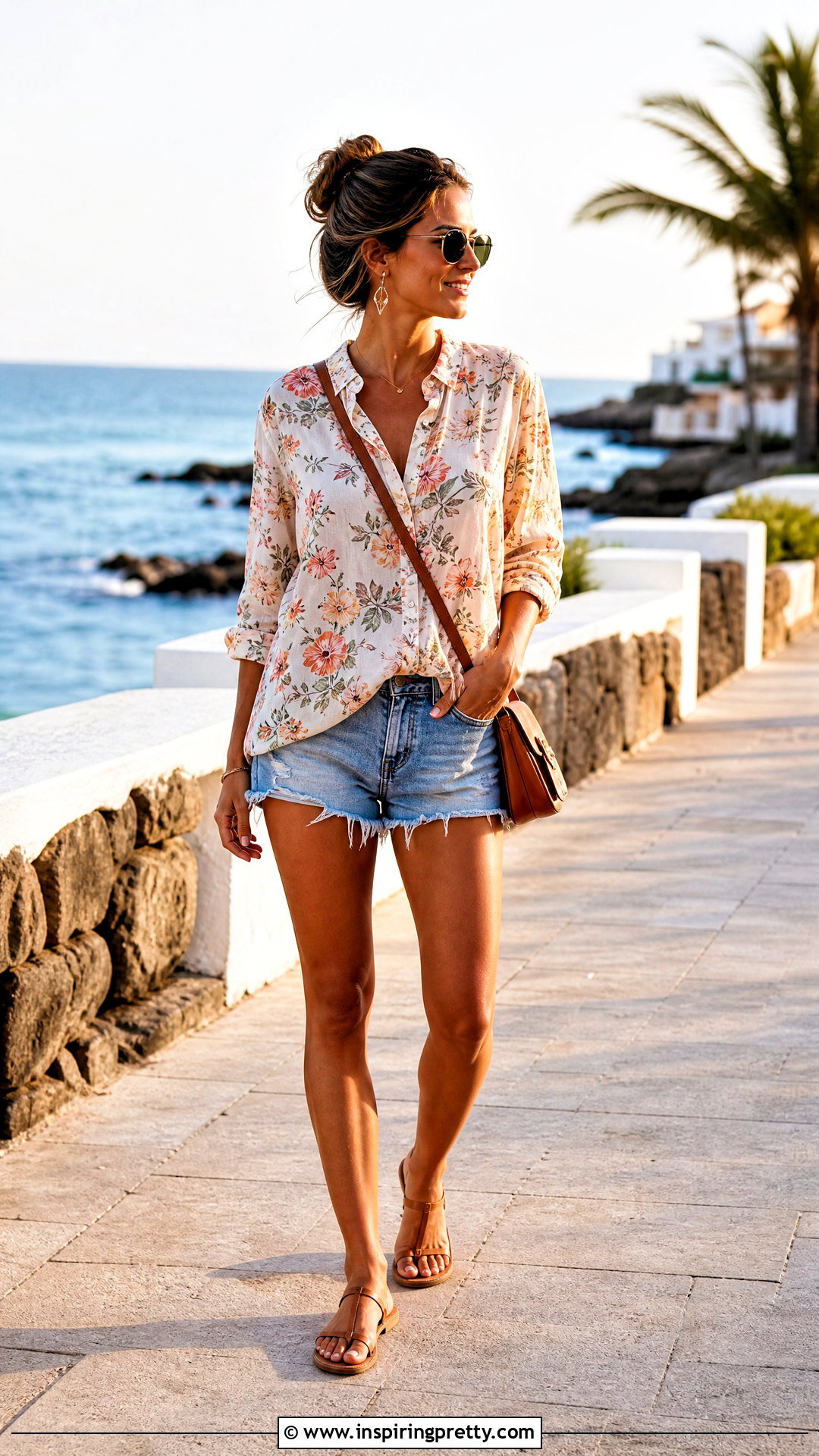 Long Sleeve Floral Top And Cutoff Shorts Outfit - 20 summer outfit with floral top and shorts
