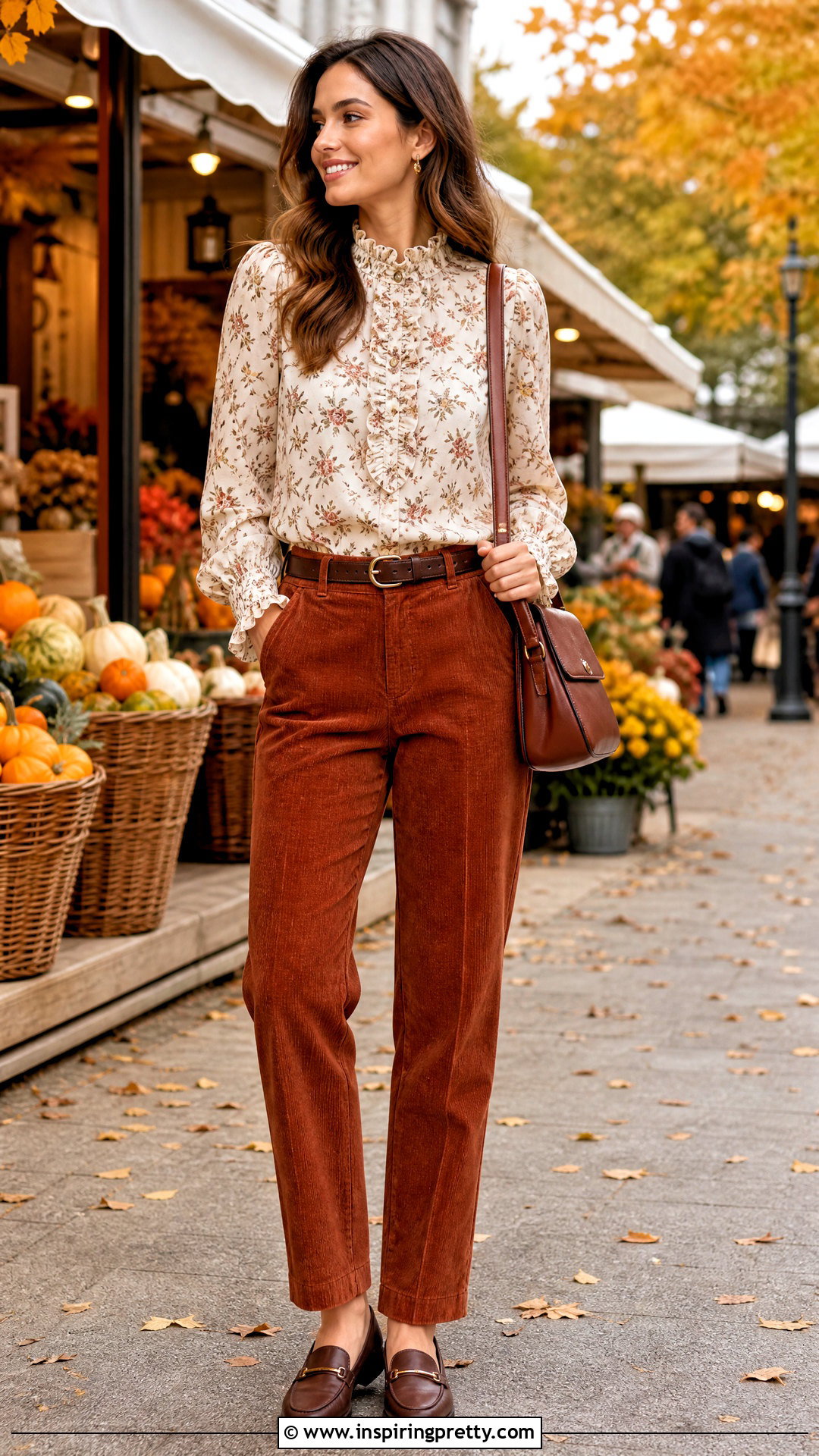 Long Sleeve Frill Top With Corduroy Pants - 50 frill top outfit ideas