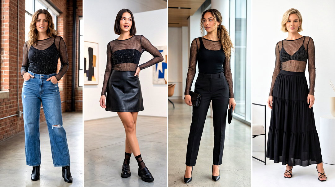 25 Long Sleeve Glitter Mesh Top Outfit Ideas for Party Season