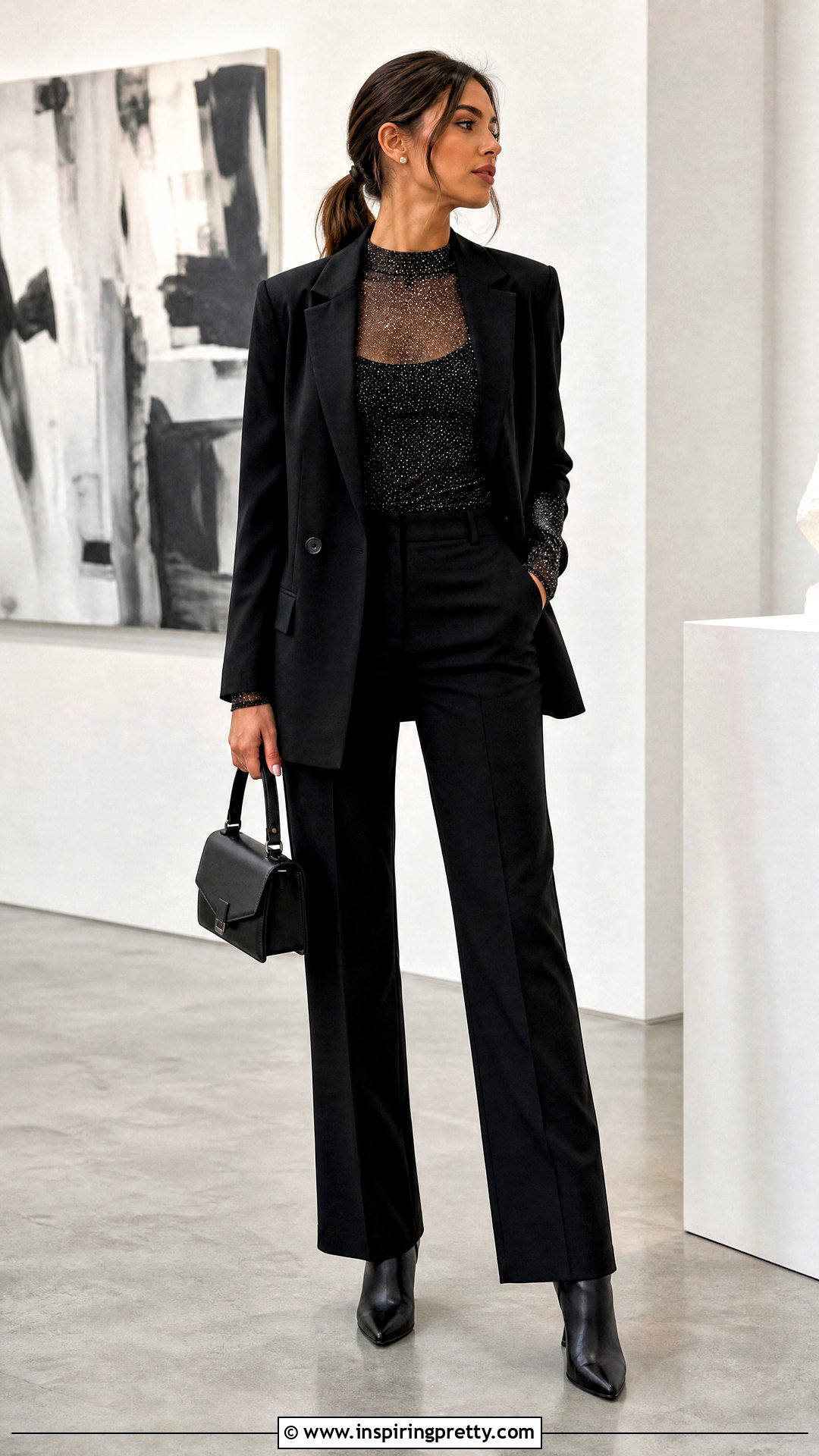Long Sleeve Glitter Mesh Top Under A Black Blazer - 25 Long Sleeve Glitter Mesh Top outfit ideas