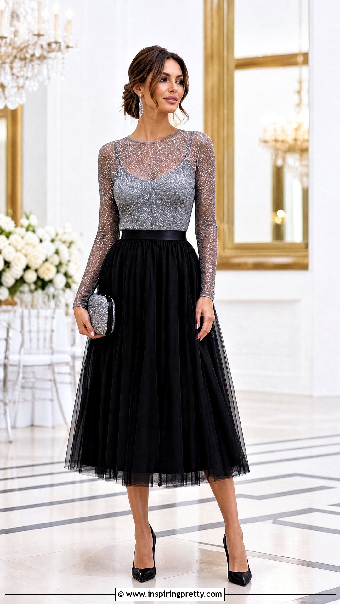 Long Sleeve Glitter Mesh Top With A Tulle Midi Skirt - 25 Long Sleeve Glitter Mesh Top outfit ideas