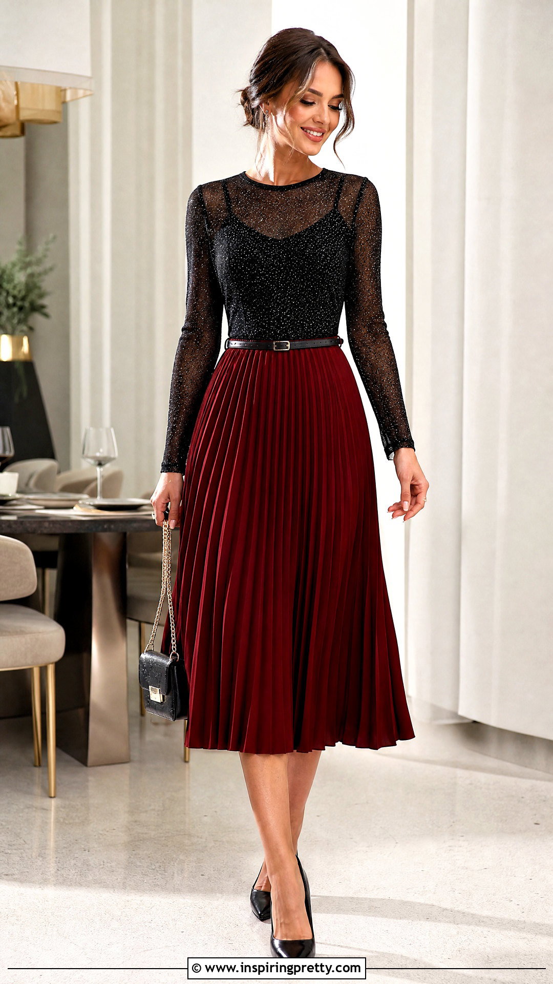 Long Sleeve Glitter Mesh Top With Pleated Midi Skirt - 25 Long Sleeve Glitter Mesh Top outfit ideas