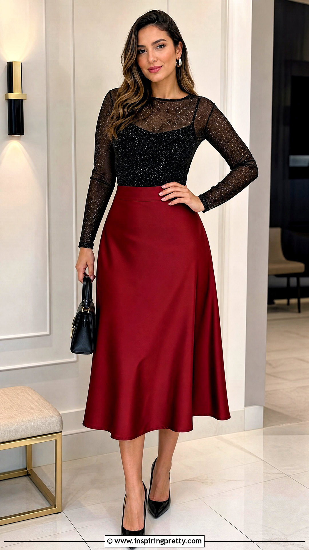Long Sleeve Glitter Mesh Top With Red Midi Skirt - 25 Long Sleeve Glitter Mesh Top outfit ideas