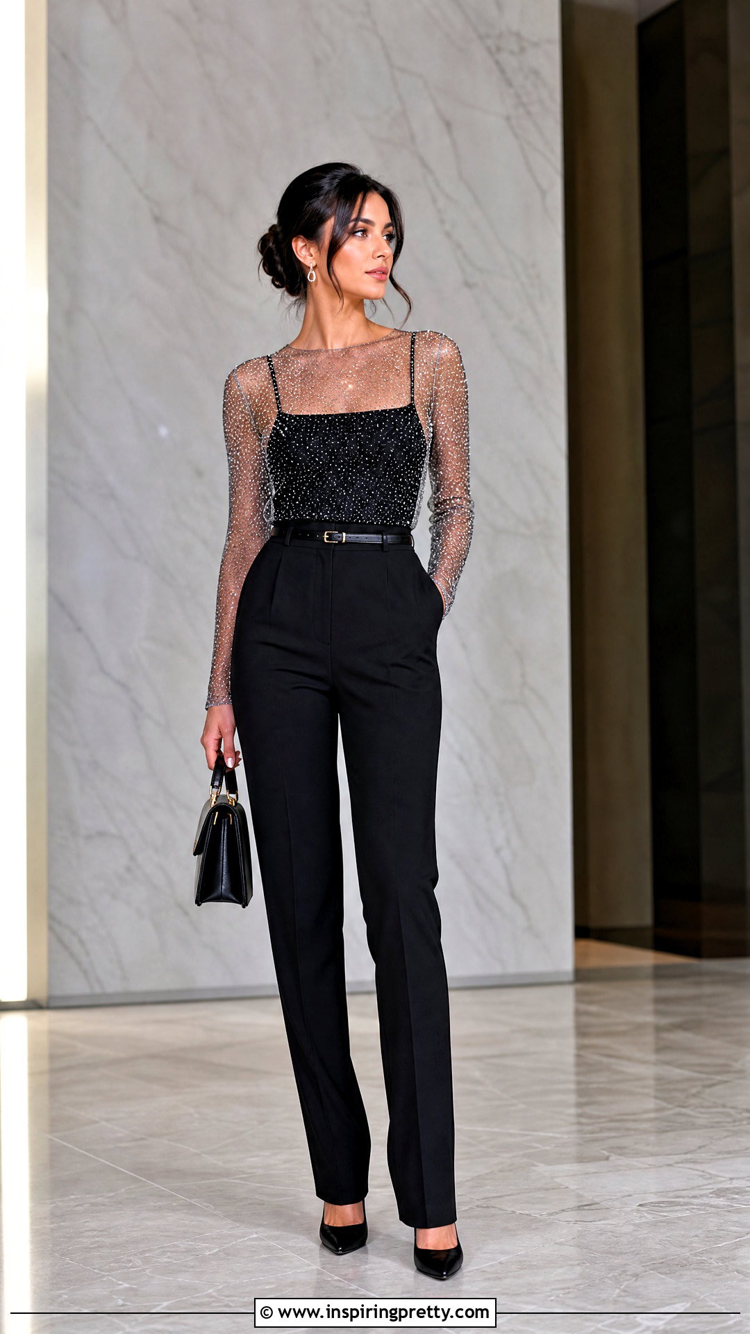 Long Sleeve Glitter Mesh Top With Tailored Black Trousers - 25 Long Sleeve Glitter Mesh Top outfit ideas