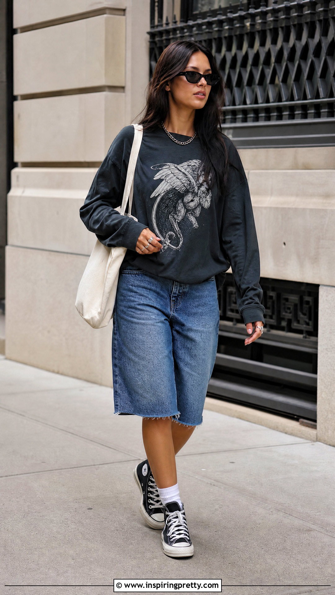 Long Sleeve Graphic Tee And Denim Shorts Streetwear Outfit - 50 streetwear tops outfit ideas
