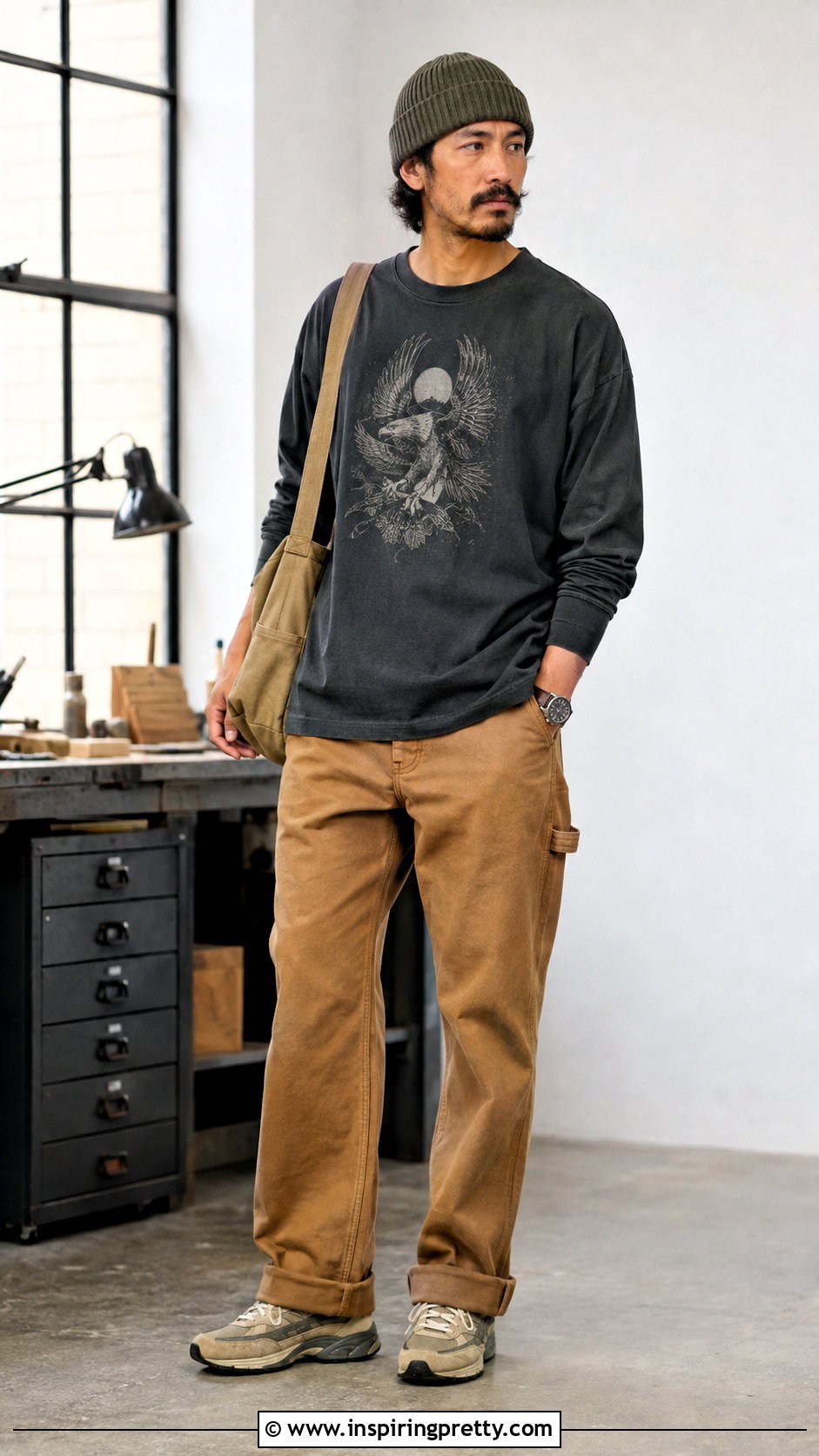 Long Sleeve Graphic Tee With Carpenter Pants Outfit - 25 graphic tops men